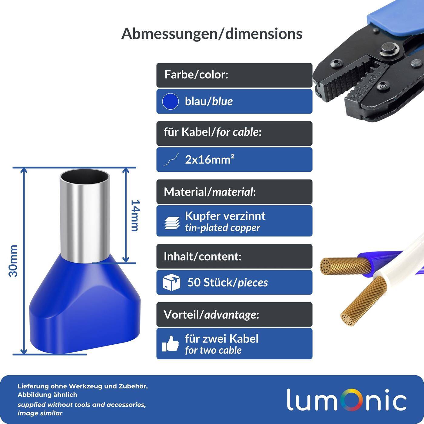 Lumonic 50 x 16mm² TWIN Aderendhülsen isoliert blau I Die Länge der Zwillingsaderendhülse für 2 Leitungen beträgt 16mm I Verzinnt zum Schutz gegen Korrosion