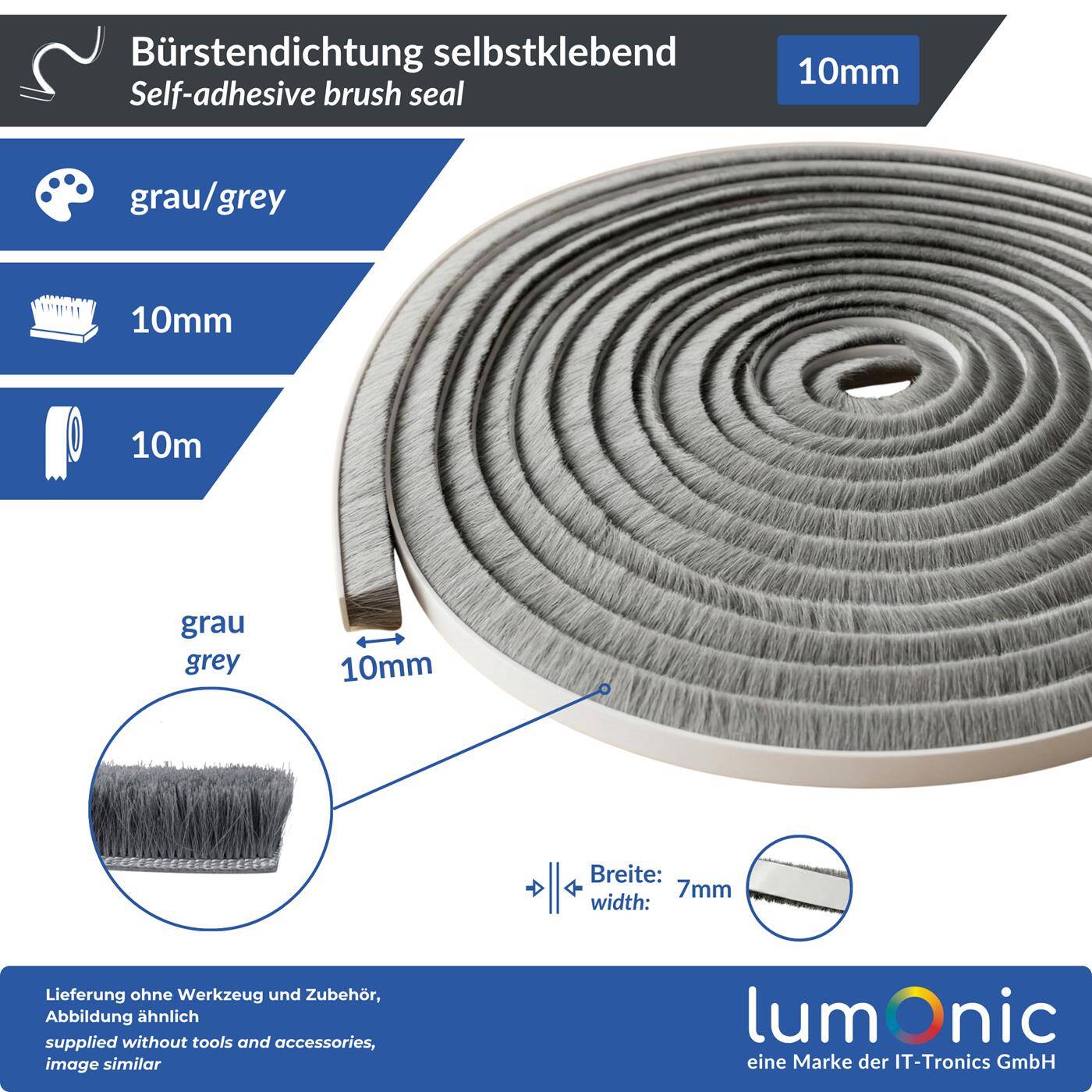 Lumonic 10m Brush seal gray 10mm | Self-adhesive + Can be cut to size | Draught excluder, cold protection, insect screen for windows, doors, cupboards