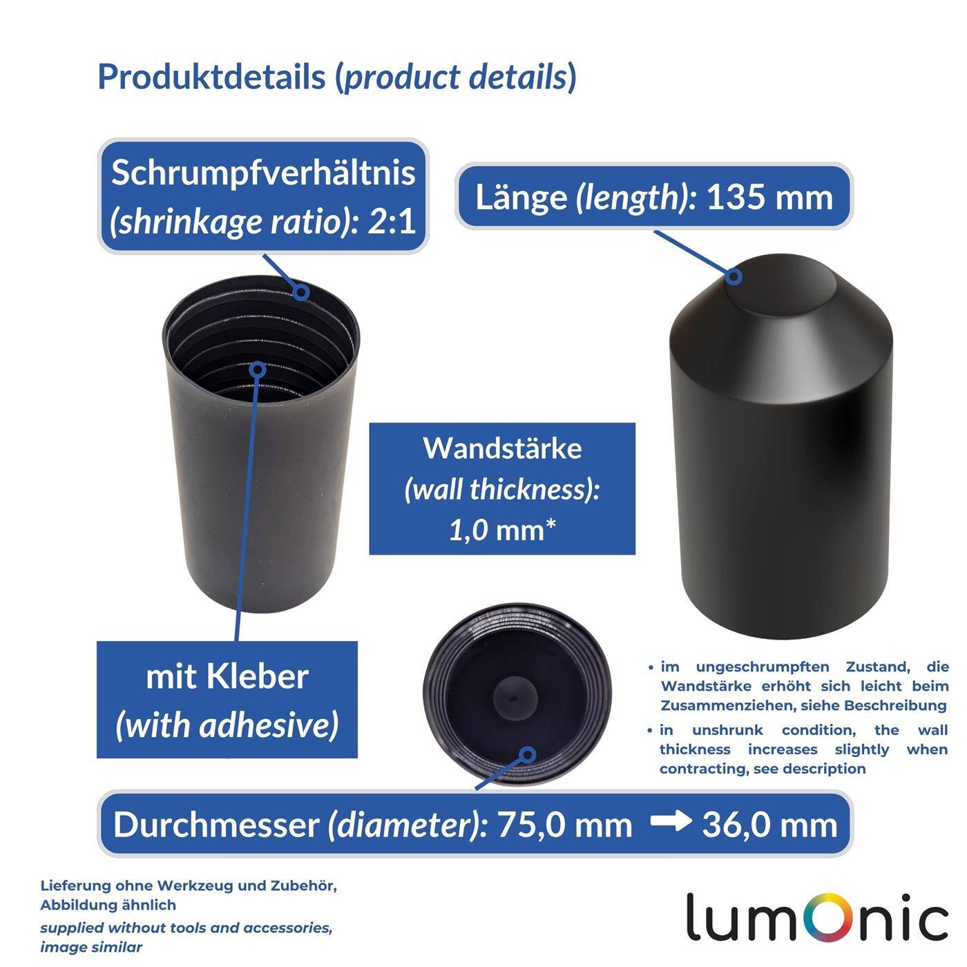 Heat-shrink end cap with adhesive 75 -> 36mm black Ratio 2:1 cross-linked polyolefin Shrink cap for cables, pipes and ropes