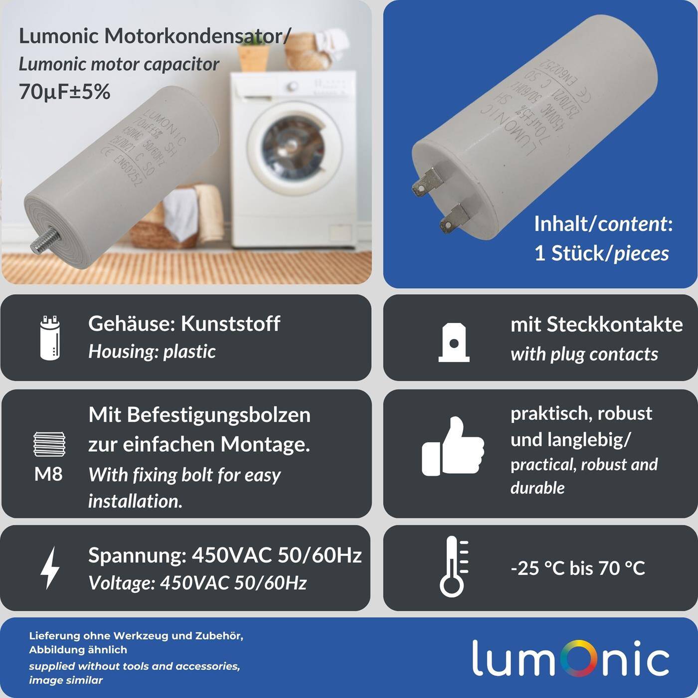 Lumonic Anlaufkondensator 70µF 450V | mit Stecker I 50x110mm I 70uF I Motorkondensator mit Kunststoffgehäuse I Betriebskondensator I für Pumpen, Rasenmäher, Werkzeuge