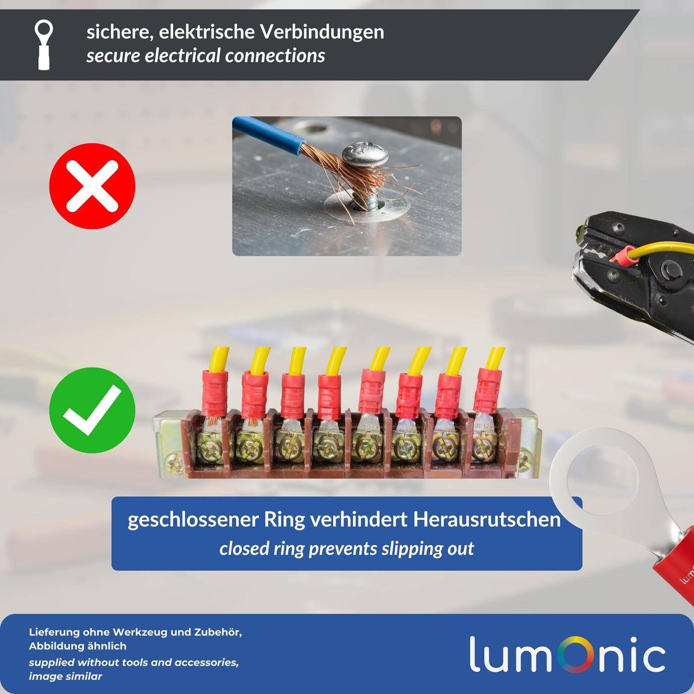Lumonic 25x Ring cable lug 1,5-2,5mm² Partially insulated | M6 | Tinned copper | Secure cable connection without soldering | Set, crimp cable lug, crimp connector, eyelet | Motor vehicle, mechanical engineering, motorhome, battery