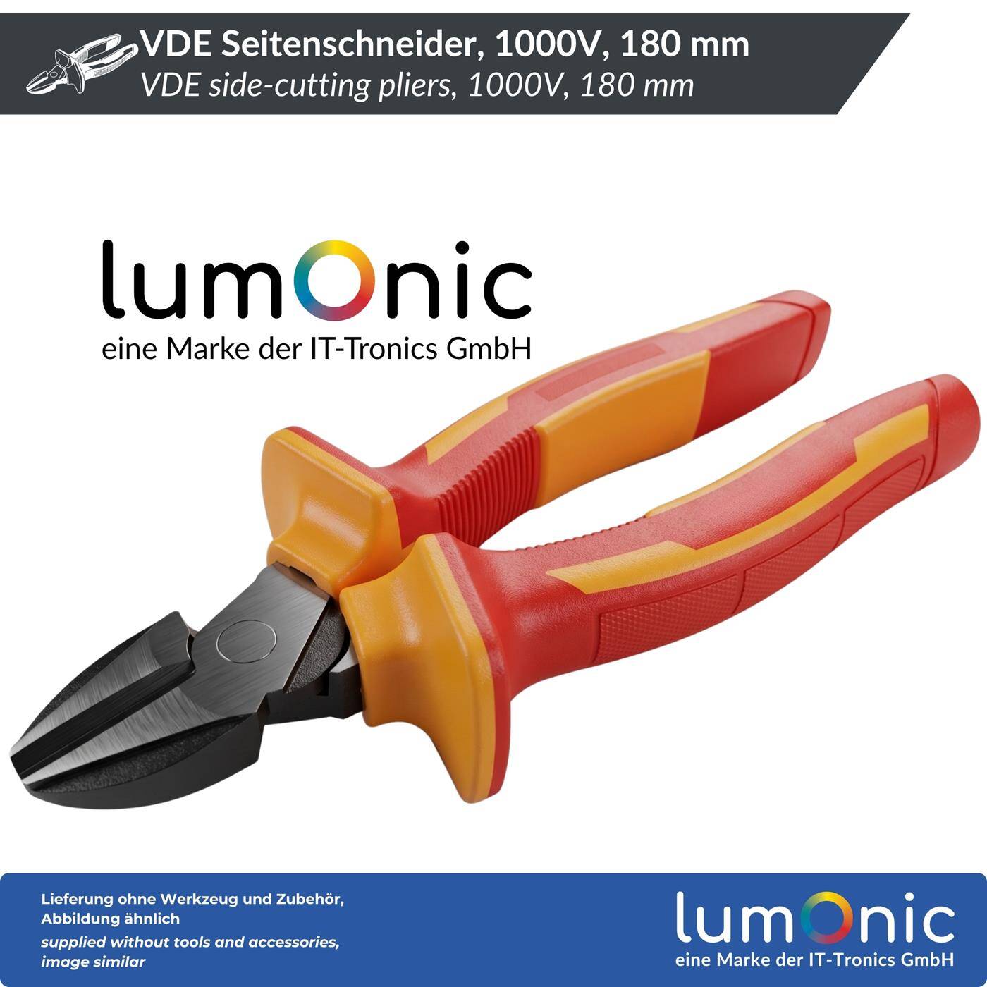 Lumonic VDE Side Cutters 1000V Heavy-Duty, 180 mm - For soft, medium-hard, and hard wire, 60CrV steel, two-component handle, for electrical installation