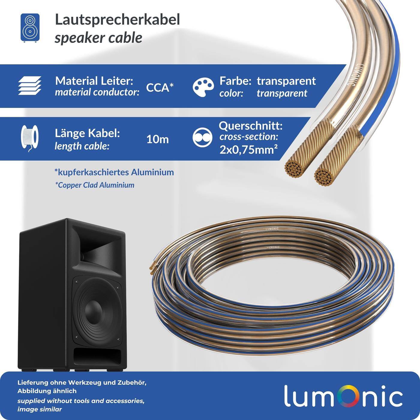 Lumonic Speaker cables | 10m Transparent | 2x 0,75mm² CCA | Blue marking HiFi speaker cable | Audio twin line