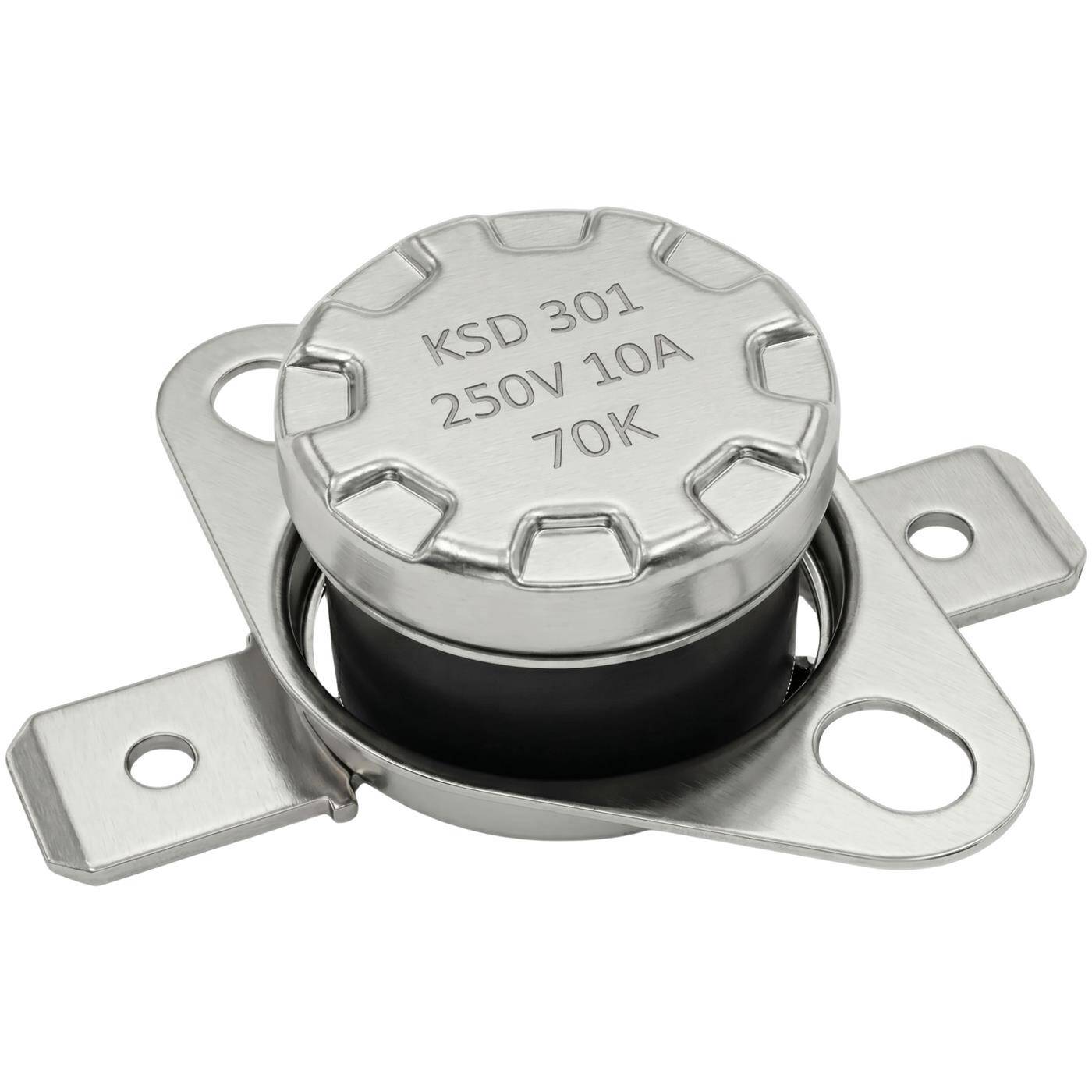 Lumonic KSD301 Temperaturschalter rund | 70°C ± 5°C | Schließer NO | max. 250V AC/10A | Flachstecker | Ø15×12mm | Thermoschalter, Bimetall | Kaffeemaschinen, Bügeleisen, Backöfen, Heizungen