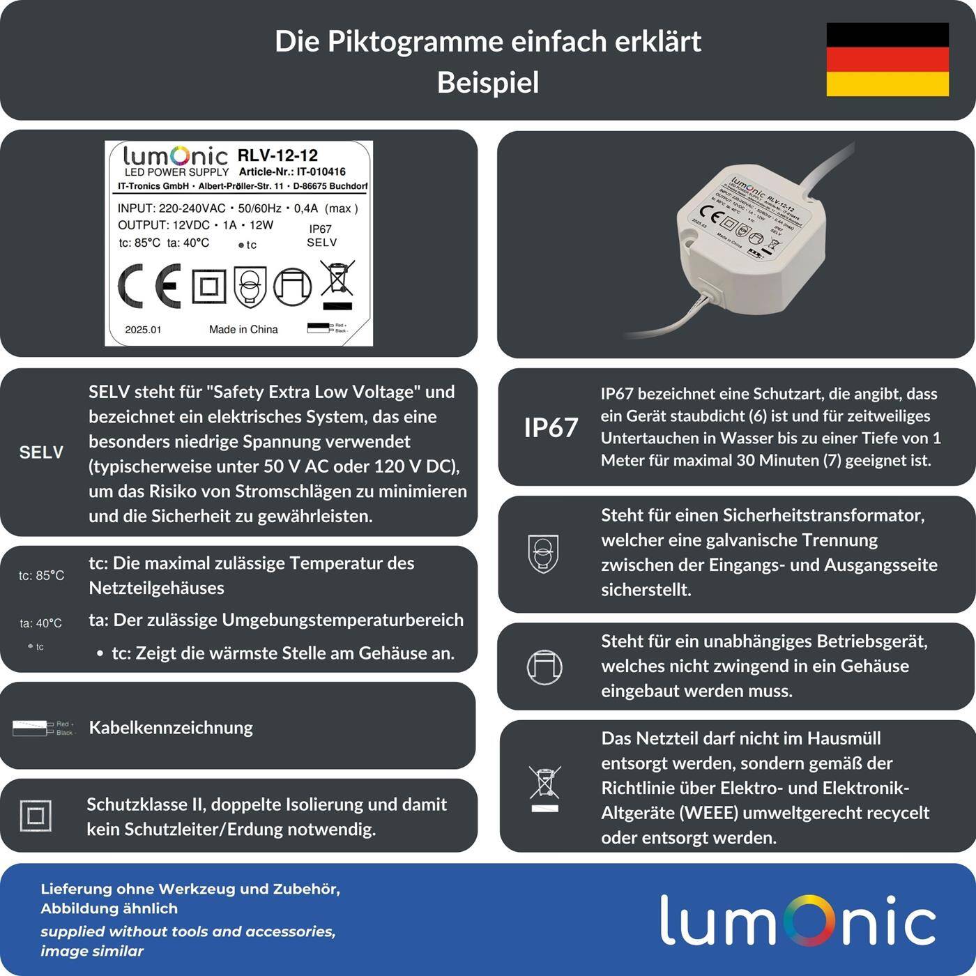 LED Unterputz Netzteil RLV-12-12 12V 12W Input 220-230VAC flimmerfrei & wasserdicht Überlastschutz kompaktes LED-Netzteil für LED-Beleuchtung & Smart-Home Doorbell