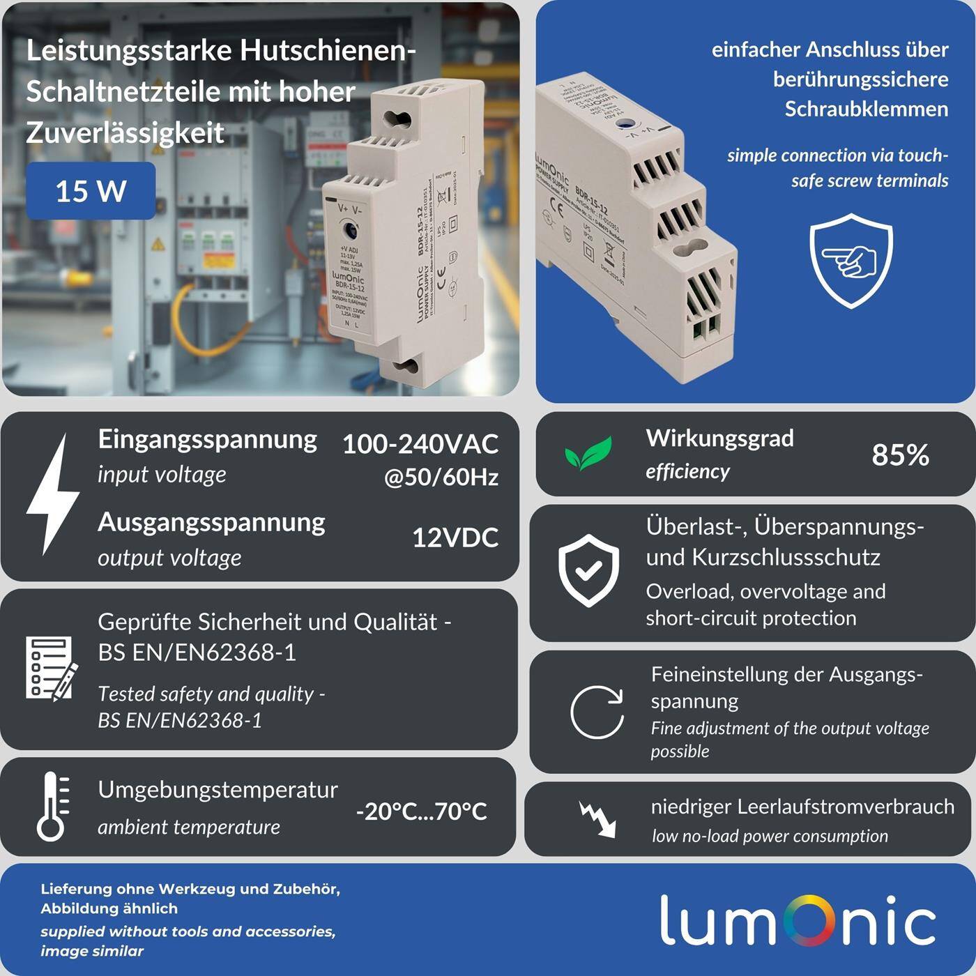 Lumonic I Netzteil Hutschiene BDR-15-12 I 12V / 15W I Input 100-240VAC I Überlastschutz & kurzschlussfest I DIN-Rail Schaltnetzteil I Schaltschrank & Verteilerkasten