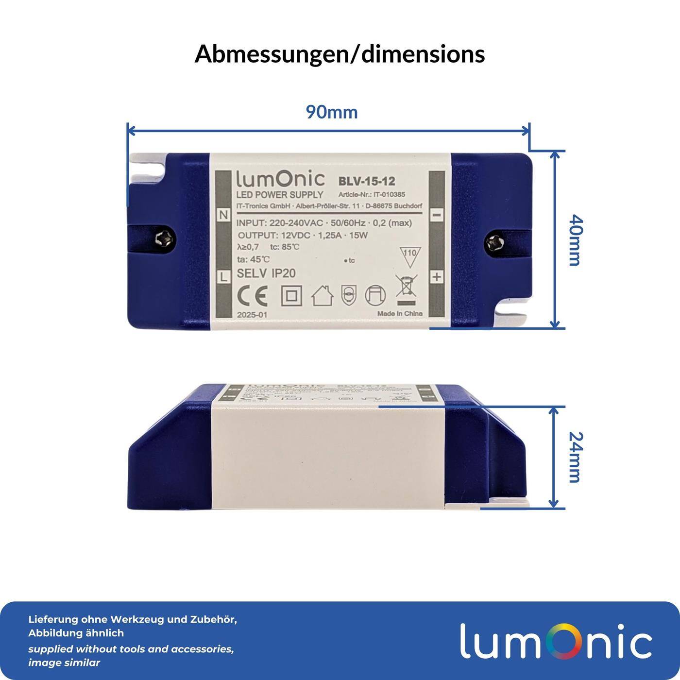 Lumonic I LED Trafo BLV-15-12 I 12V 15W I Input 220-230VAC I flimmerfrei & effizient I Überlastschutz I LED-Netzteil I für LED-Beleuchtung & LED-Streifen