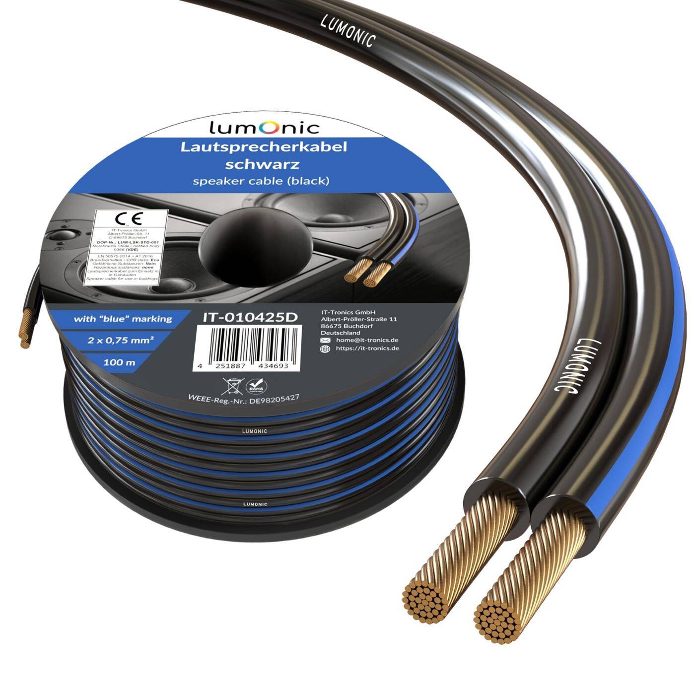 Lumonic Lautsprecherkabel | 100m Schwarz | 2x 0,75mm² CCA | blaue Markierung HiFi Boxenkabel | Audio Zwillingsleitung