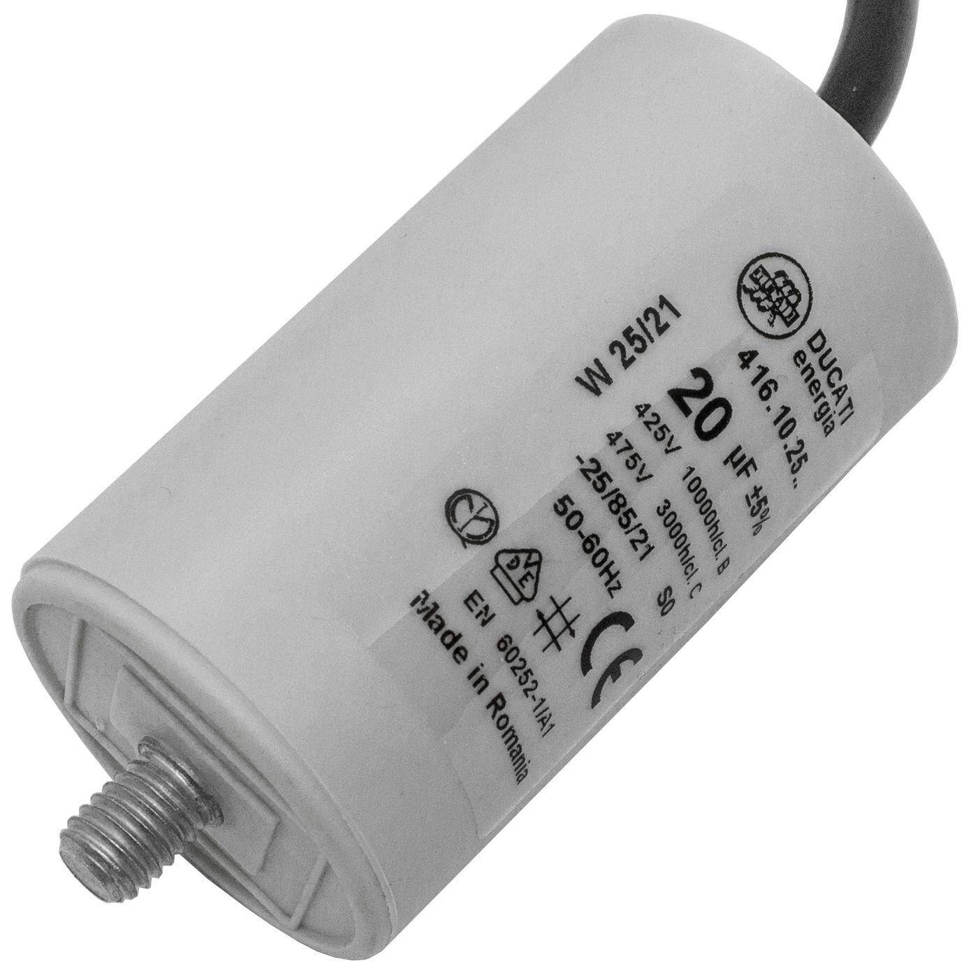 Anlaufkondensator Motorkondensator 20µF 400V 40x70mm Kabel 35cm Ducati 416.10.25 B 20uF