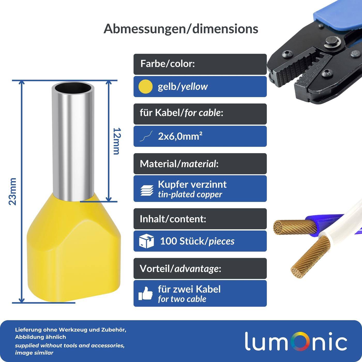 Lumonic 100 x 6mm² TWIN Aderendhülsen isoliert gelb I Die Länge der Zwillingsaderendhülse für 2 Leitungen beträgt 12mm I Verzinnt zum Schutz gegen Korrosion