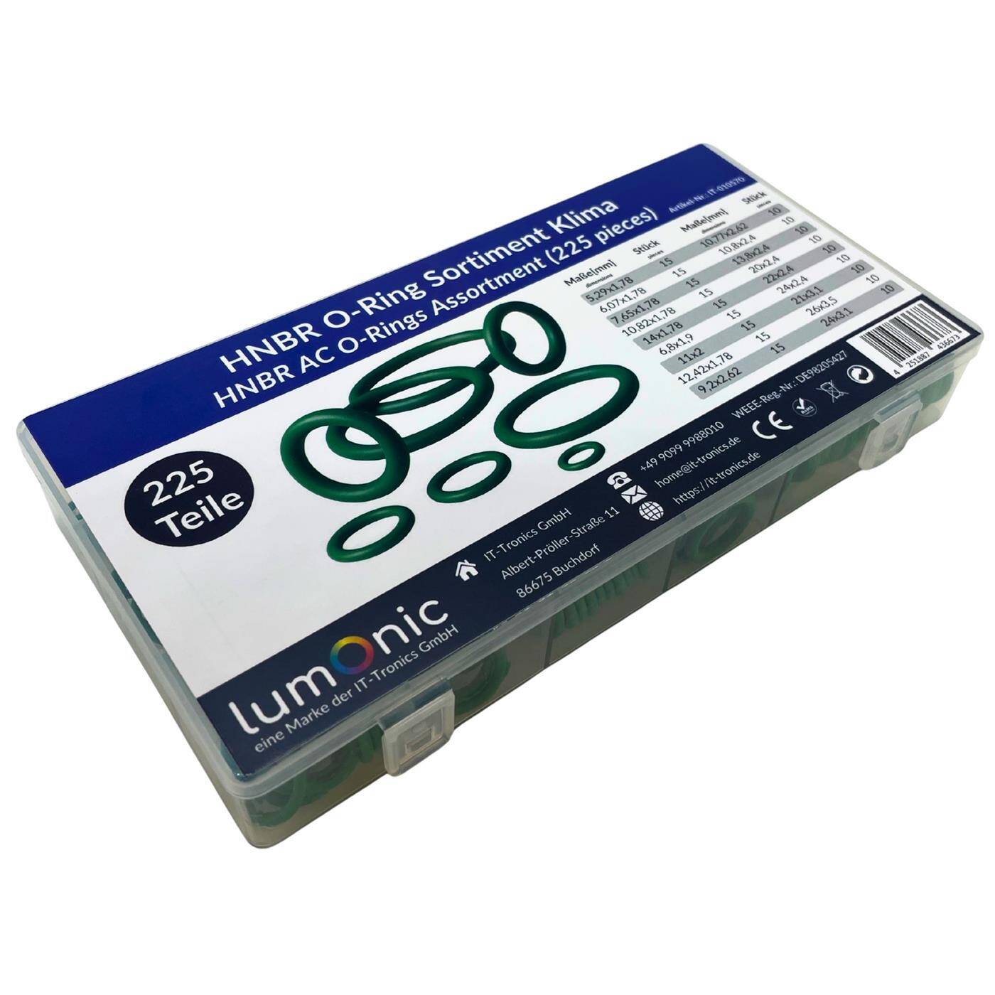 Klima O-Ring Sortiment HNBR, 225 Teile, 18 gängige Größen (5-26mm), -40°C bis +120°C, Klimaanlagen AC Dichtungsringe Set, hydriertes Nitril, in praktischer Sortimentsbox