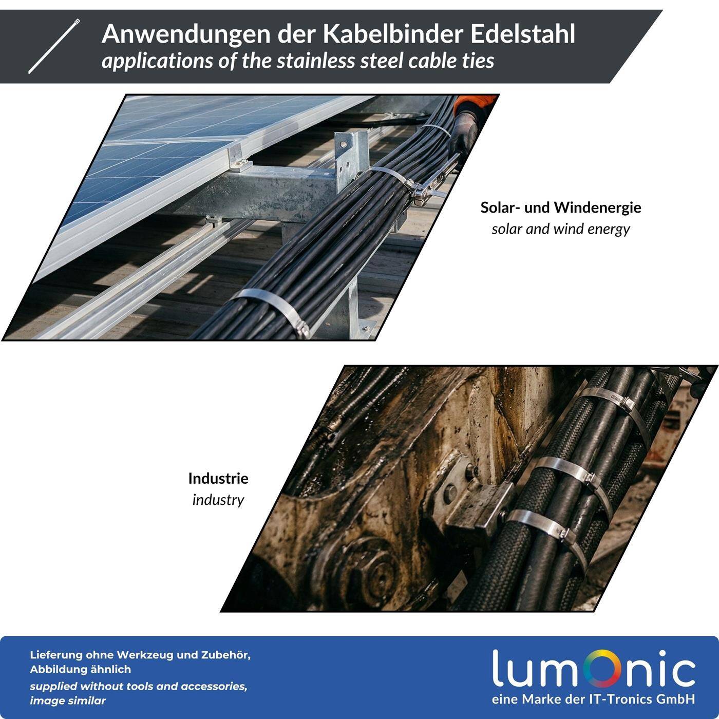 Lumonic Kabelbinder Edelstahl | 300 × 4,6mm | extra stark, bis 46kg Zugfestigkeit | bis 500°C, UV-Beständig & Wetterfest | Kabelbinder Metall für Outdoor, Solar, Auspuff & Zaun