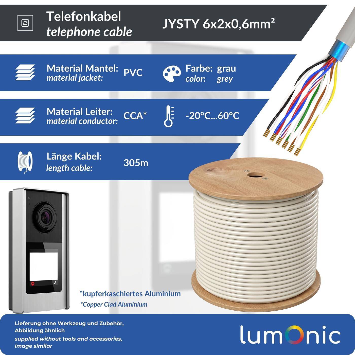 Lumonic Telefonkabel JYSTY grau auf Holzrolle | 6x2x0,6mm CCA | 305m | farbcodiert & geschirmt | Metermarkierung | Fernmeldekabel, Telefonanschlusskabel