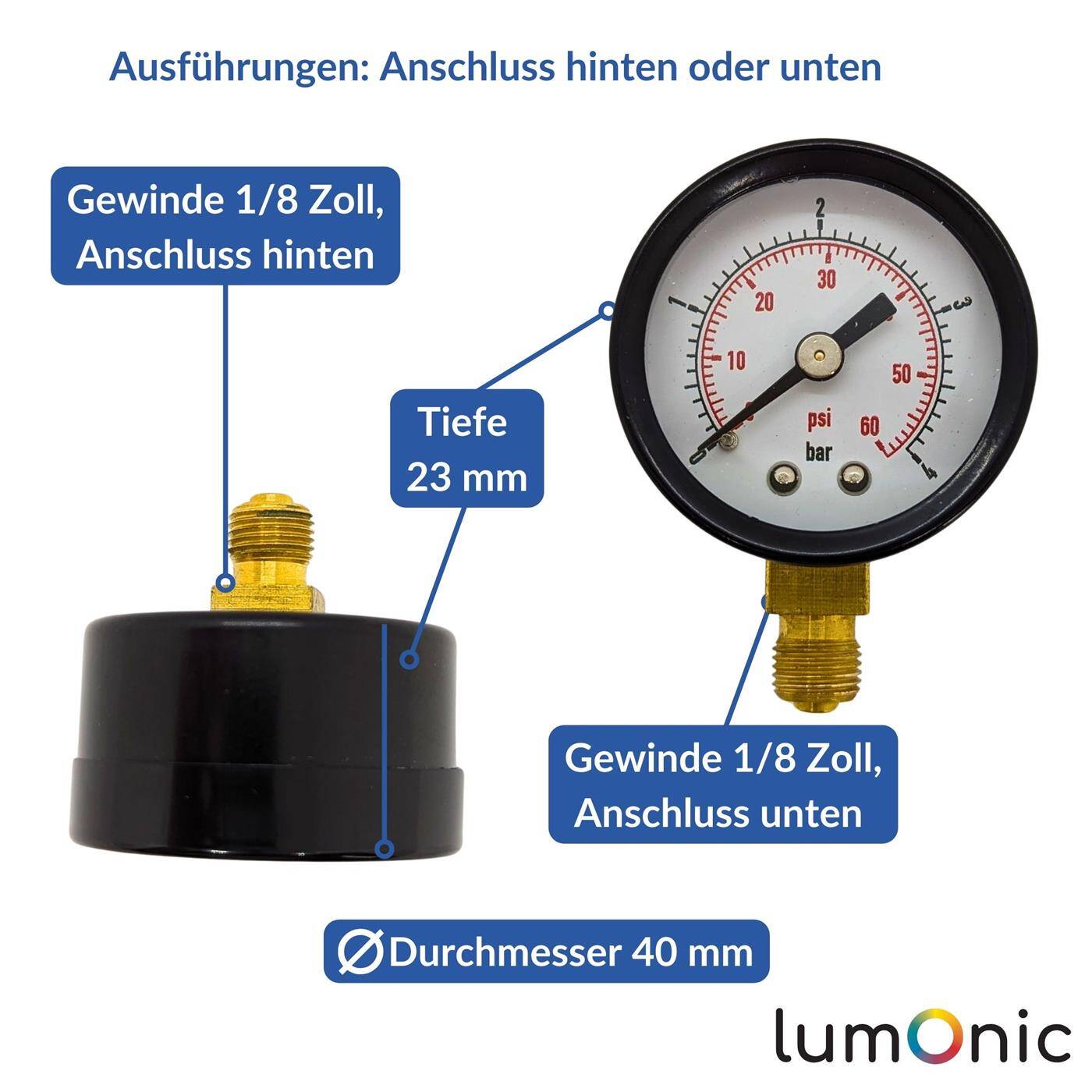 Lumonic I Manometer 0-10bar I 1/8 Zoll I Klasse 2,5 I Anschluss hinten I Durchmesser 40mm I Druckmesser I für Druckluft und Wasser