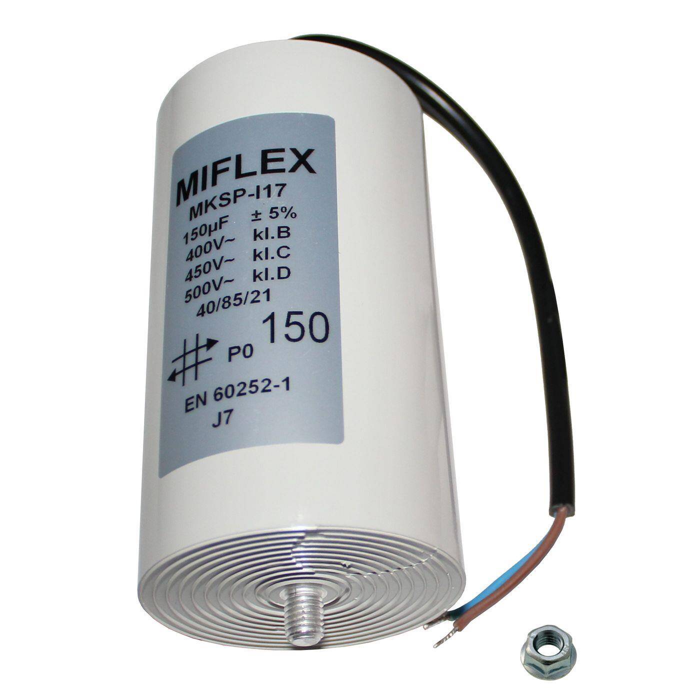 Anlaufkondensator Motorkondensator 150µF 450V 65x119mm Kabel 25cm Miflex 150uF