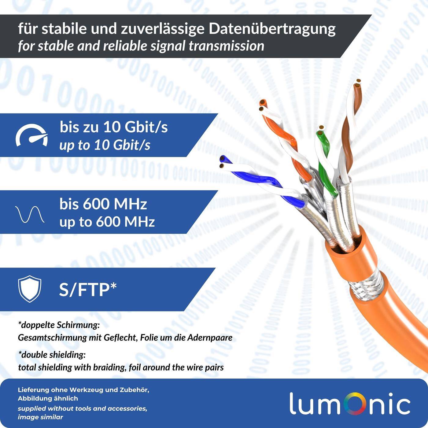 Lumonic CAT7 Netzwerkkabel S/FTP 30m | Verlegekabel AWG 23 | 100% Kupfer OFC | 10 Gbit/s | halogenfrei | 600 MHz | LAN Kabel, Ethernet Kabel