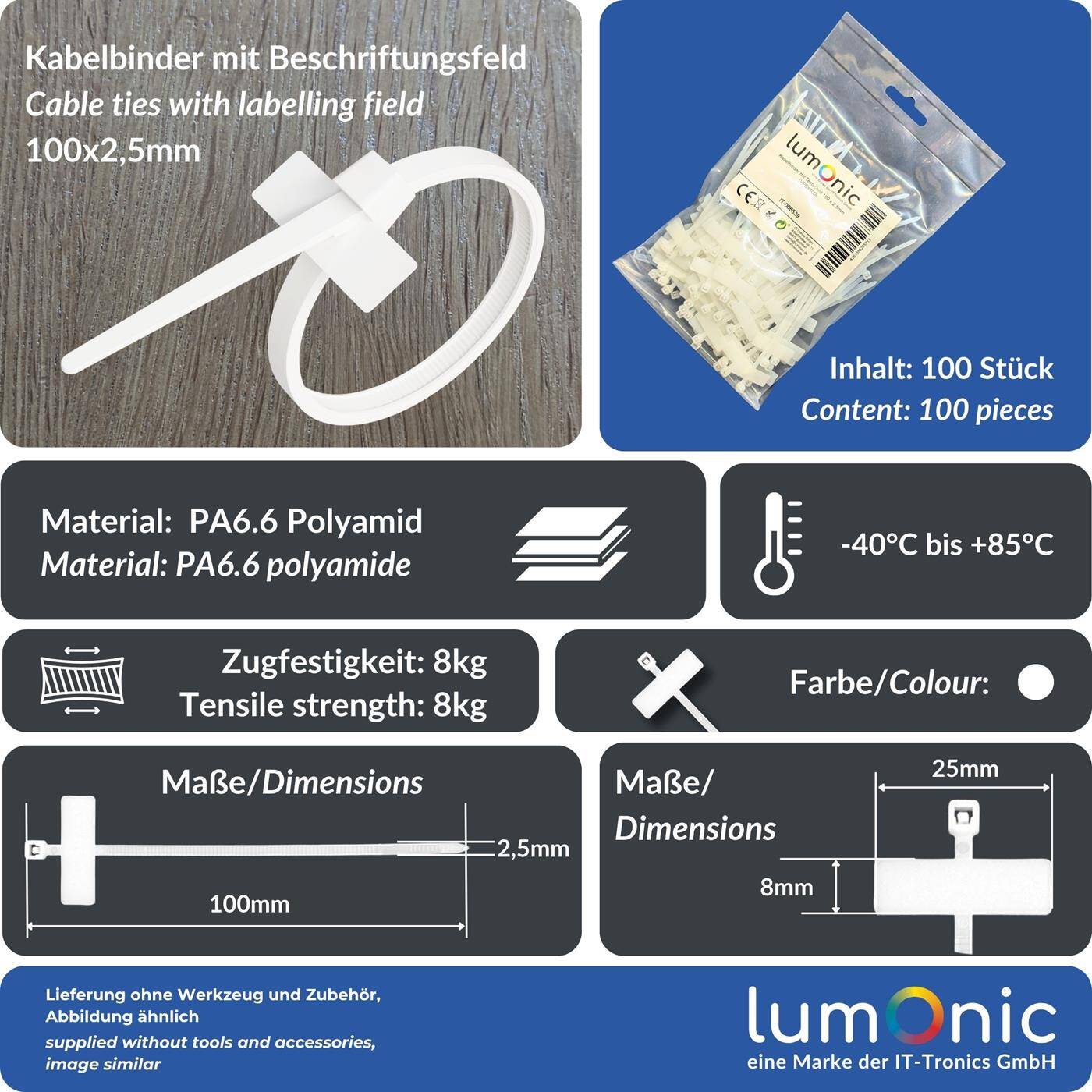 Lumonic 100 Stück Kabelbinder mit Beschriftungsfeld, quer | 100 × 2,5mm | bis 8kg Zugfestigkeit | Nylon PA6.6 | Kabelmarkierung in Industriequalität | Kabelmanagement, Industrie, Haushalt