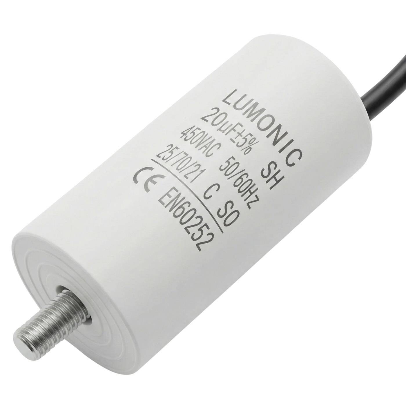 Lumonic Anlaufkondensator 20µF 450V | mit Kabel I 38x75mm I 20uF I Motorkondensator mit Kunststoffgehäuse I Betriebskondensator I für Pumpen, Rasenmäher, Werkzeuge