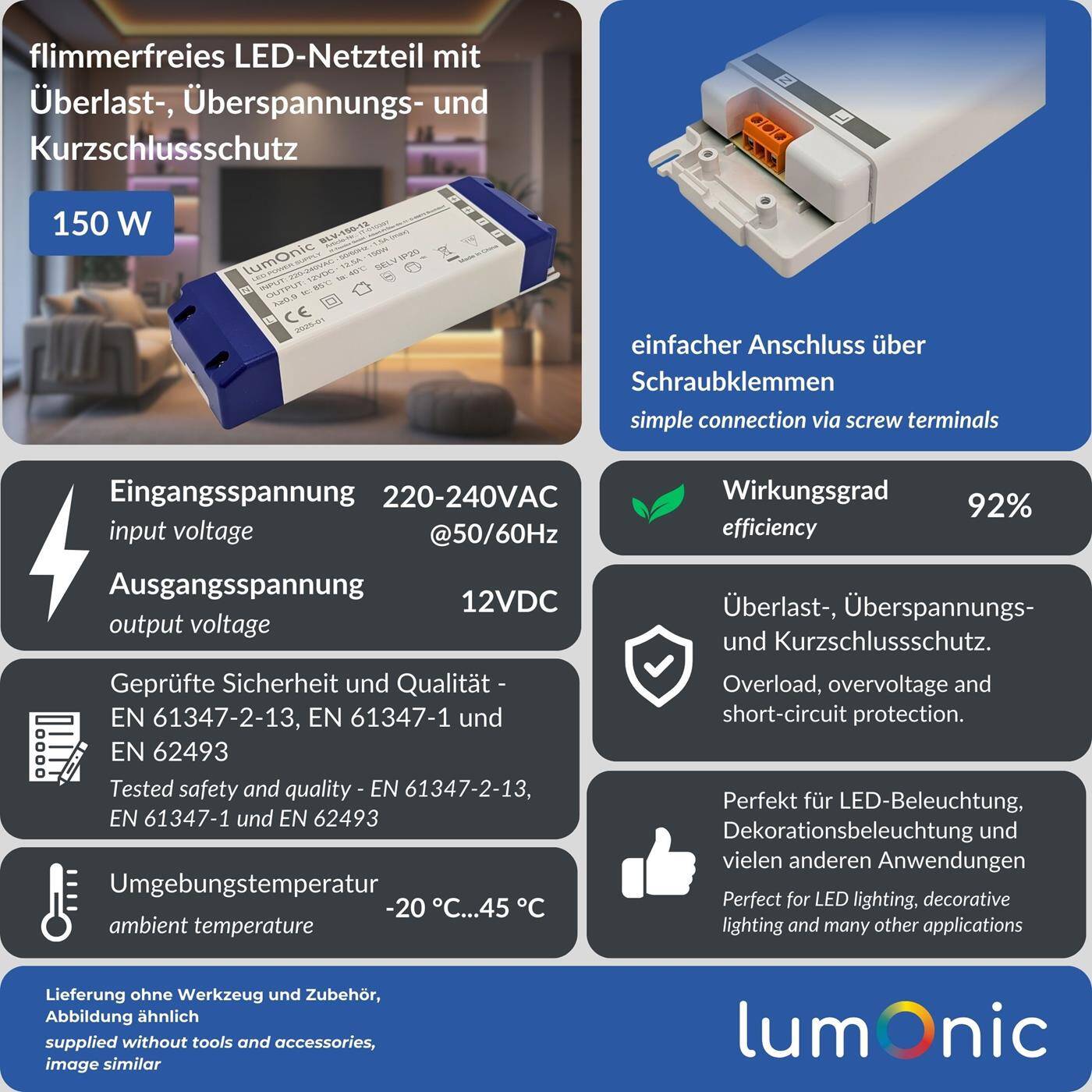 Lumonic I LED transformer BLV-150-12 I 12V 150W I Input 220-230VAC I flicker-free I Overload protection I LED power supply unit I for LED lighting