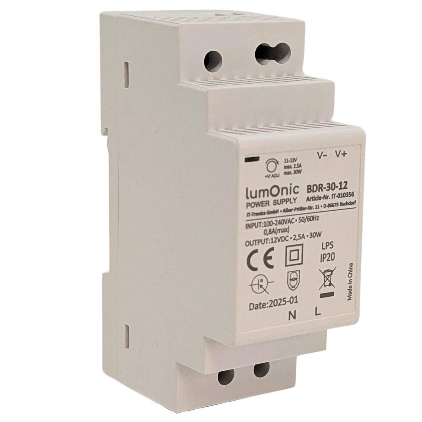 Lumonic I Top-hat rail power supply unit BDR-30-12 I 12V / 30W I Input 100-240VAC I Overload protection I DIN-Rail switching power supply I Switch cabinet