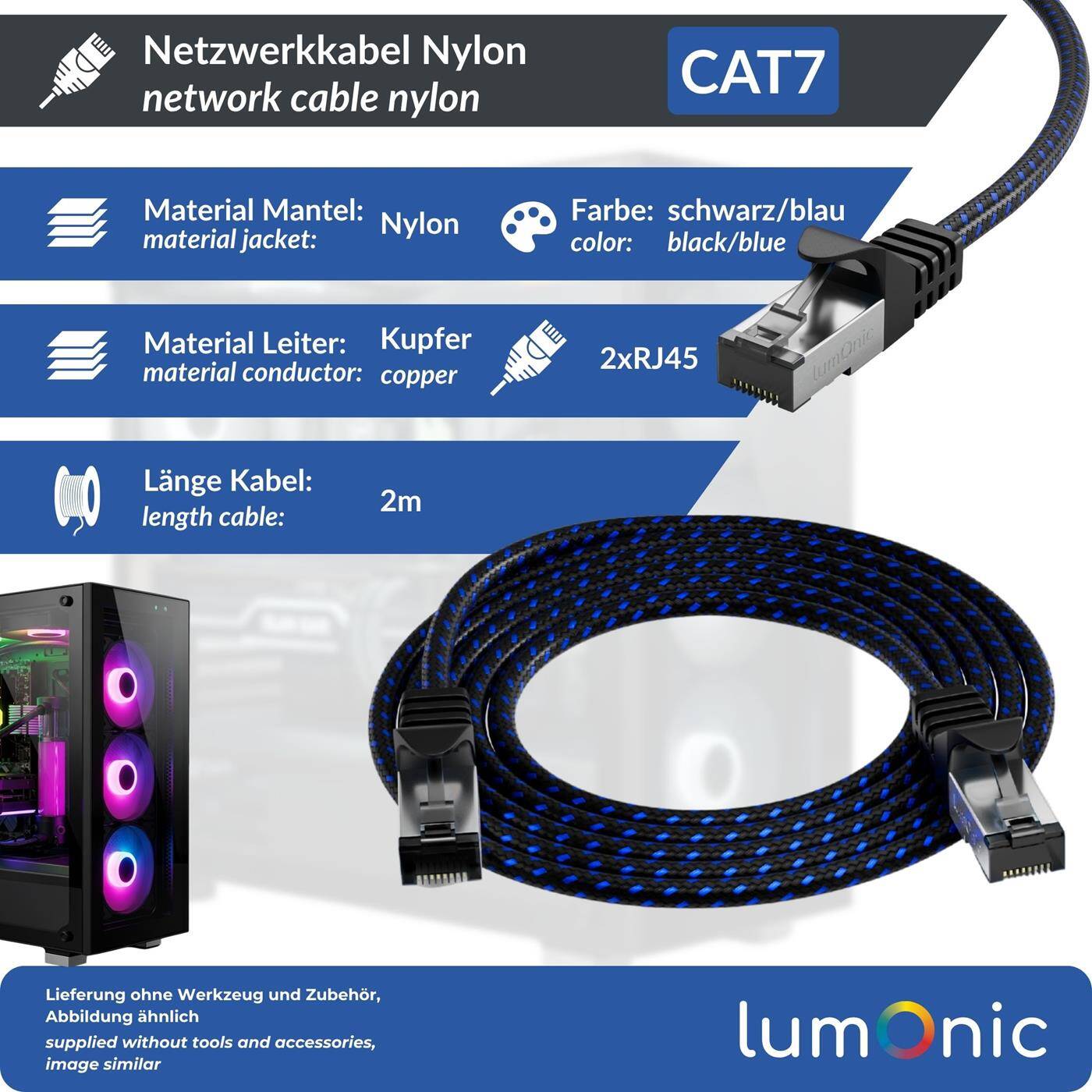 2m CAT7 Patchkabel S/FTP RJ45 Schwarz Blau Premium Nylon Optik Ethernet LAN Netzwerkkabel