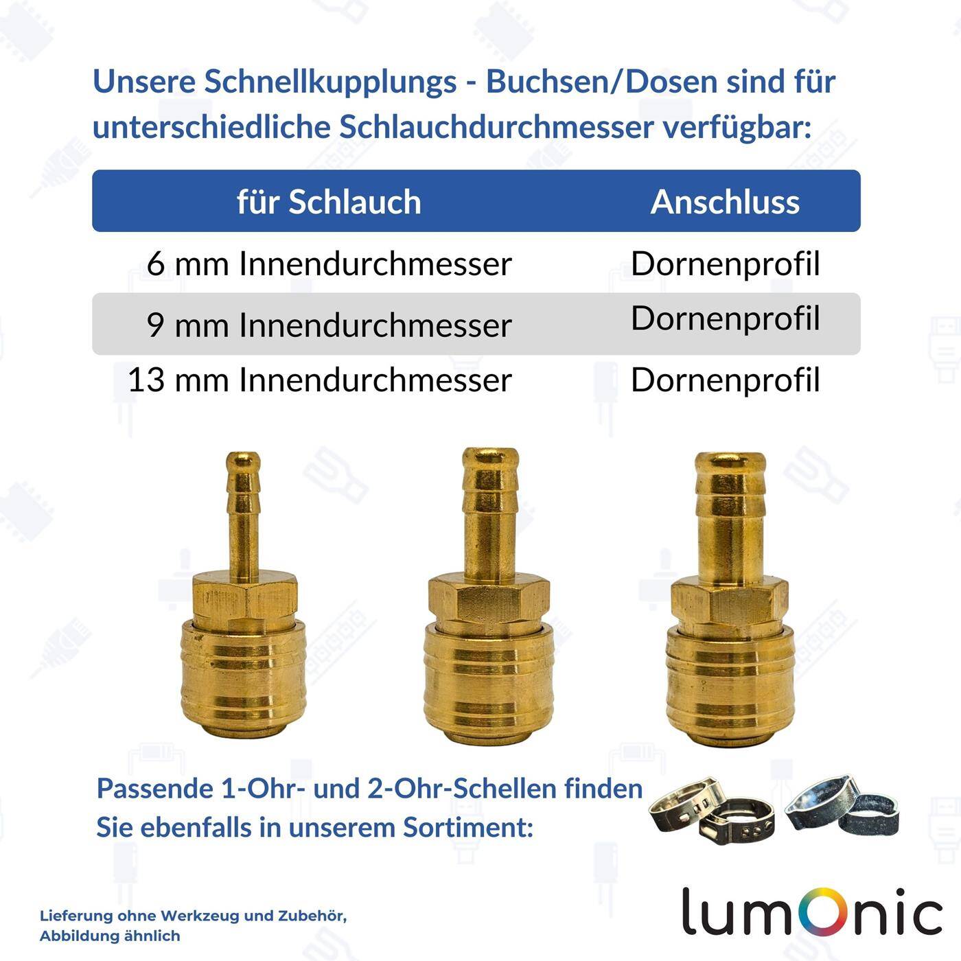 Kupplungsdose mit Schlauchstutzen für 13mm Schlauch aus Messing Druckluftkupplung-Buchse Schnellkupplung für Werkstätten, Betriebe und Heimwerker