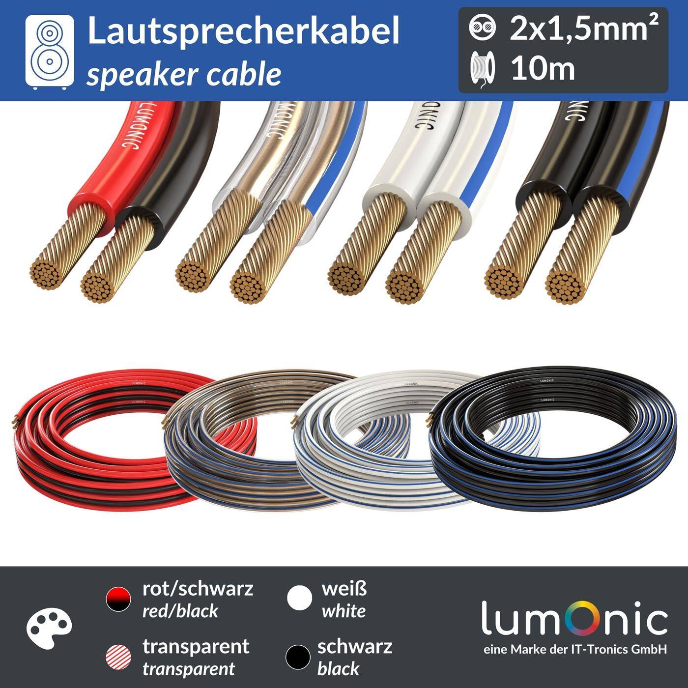 10m Lautsprecherkabel 2x 1,5mm² Rot Schwarz CCA HiFi Boxenkabel Audio Zwillingsleitung