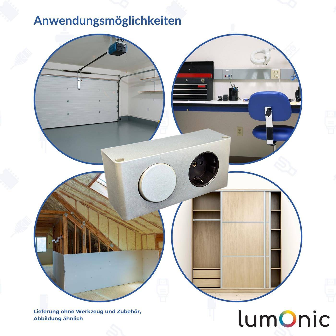 Lumonic MiniBox 1x Schuko Steckdose + 1x Schalter Tischsteckdose silber I Steckdose mit 230V max. 3600W I Perfekt für den Spiegelschrank und Werkstatt