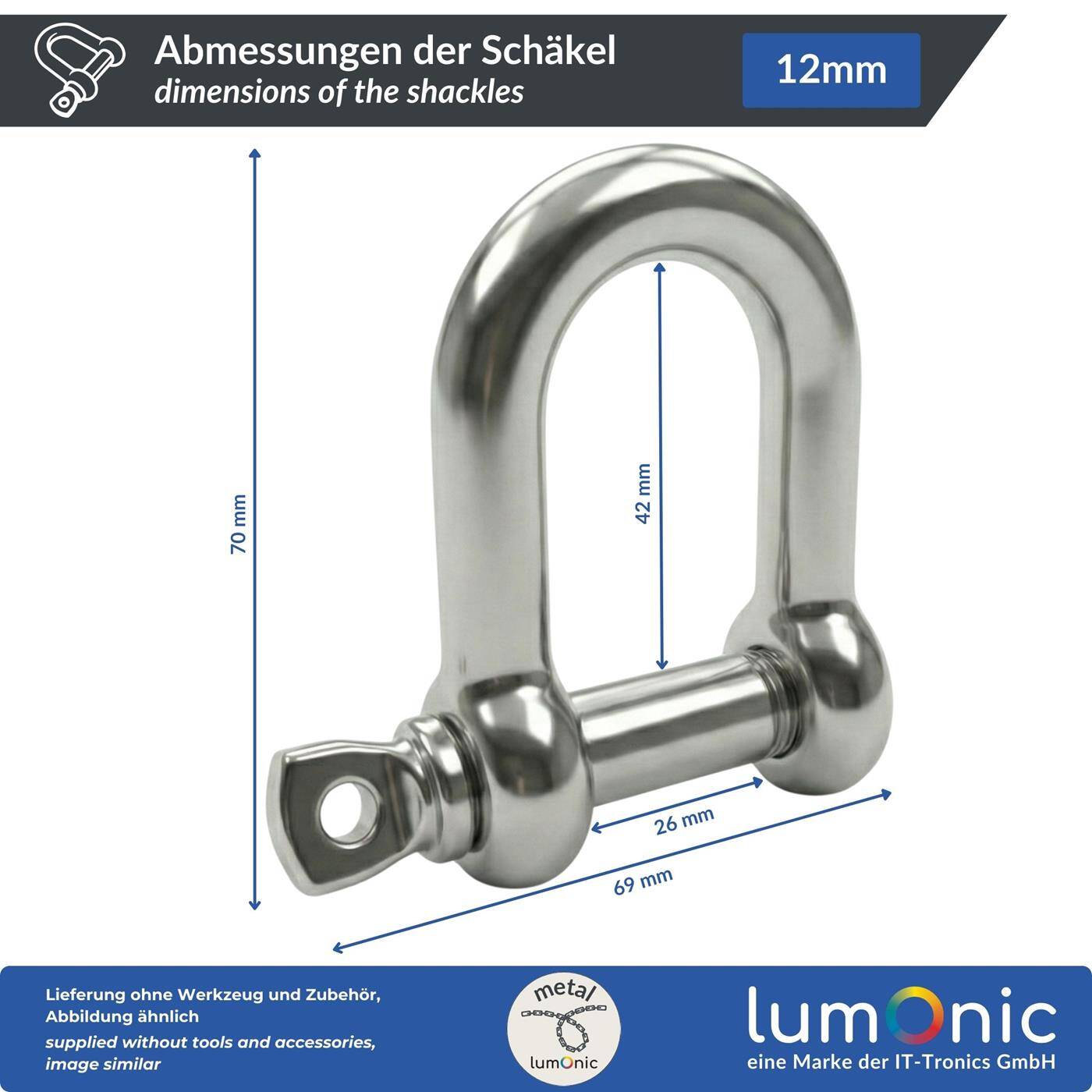 Lumonic Schäkel V4A Edelstahl | 12mm | Rostfrei + Seewasserfest | leichtgängiges Gewinde | D-Schäkel für Hängematte, Sonnensegel, Rigging, Ketten