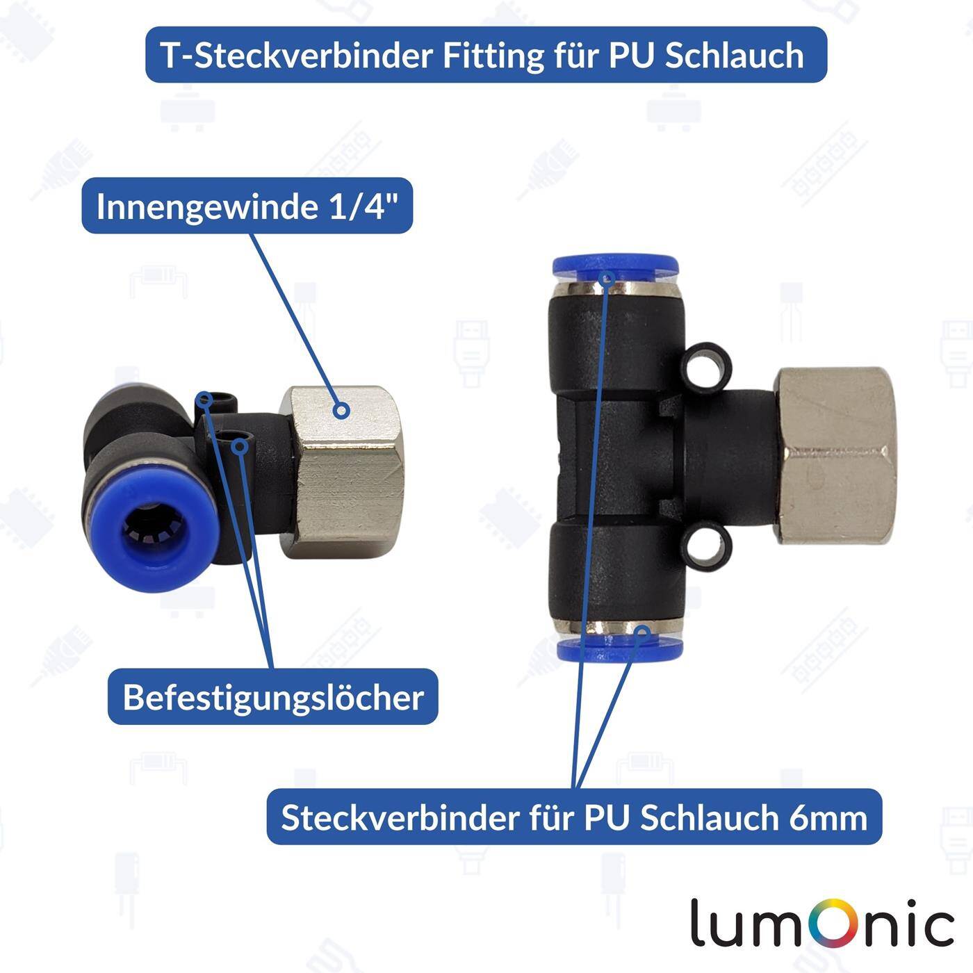 PU hose T-connector fitting with female thread 6mm*1/4inch T-piece Push-in Pneumatic plug connector T-distributor Compressed air