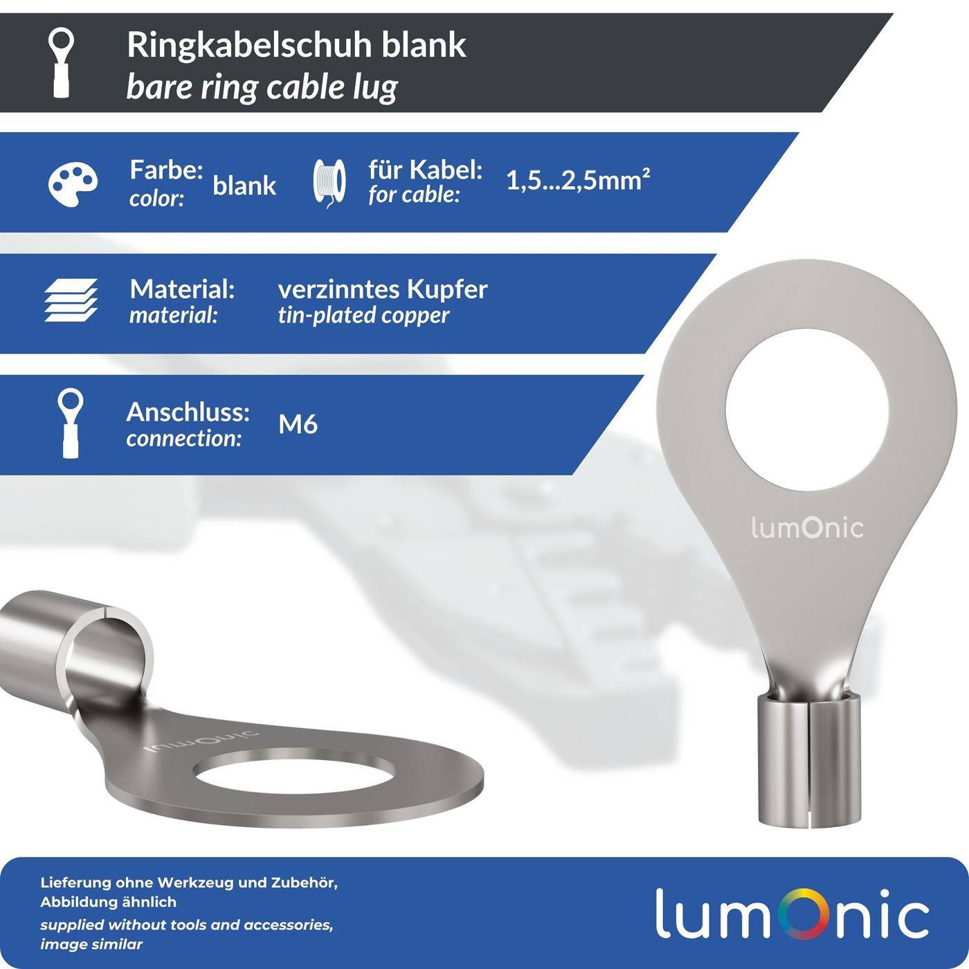 Lumonic 25x Ring cable lug 1,5-2,5mm² blank | M6 | Tinned copper | Secure cable connection without soldering | Crimp cable lug uninsulated | Motor vehicle, mechanical engineering, motorhome, battery