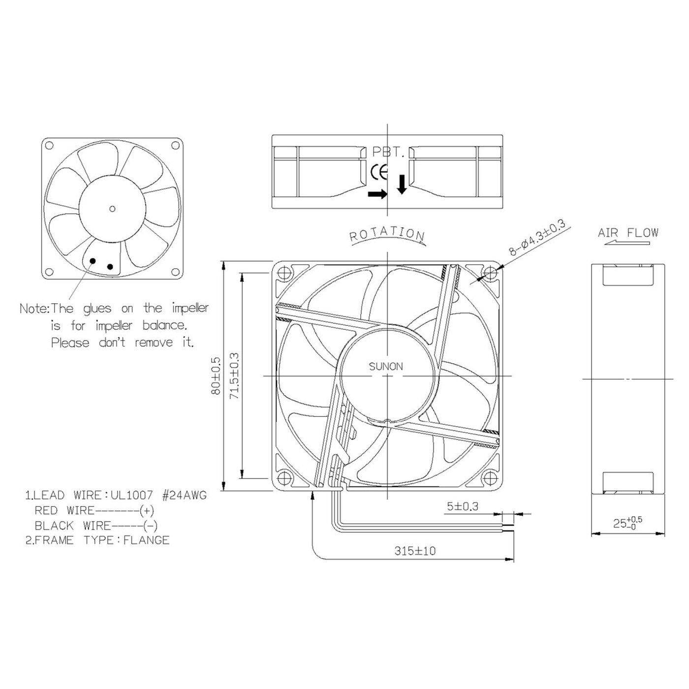 Lüfter 24V DC 0,89W 80x80x25mm 56,1m³/h 2600U/Min 56,1m³/h Sunon EF80252B31000UA99