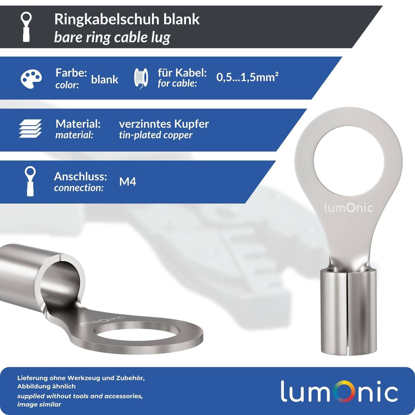 Lumonic 25x Ringkabelschuh 0,5-1,5mm² blank | M4 | Kupfer verzinnt | sichere Kabelverbindung ohne Löten | Crimp-Kabelschuh unisoliert | KFZ, Maschinenbau, Wohnmobil, Batterie