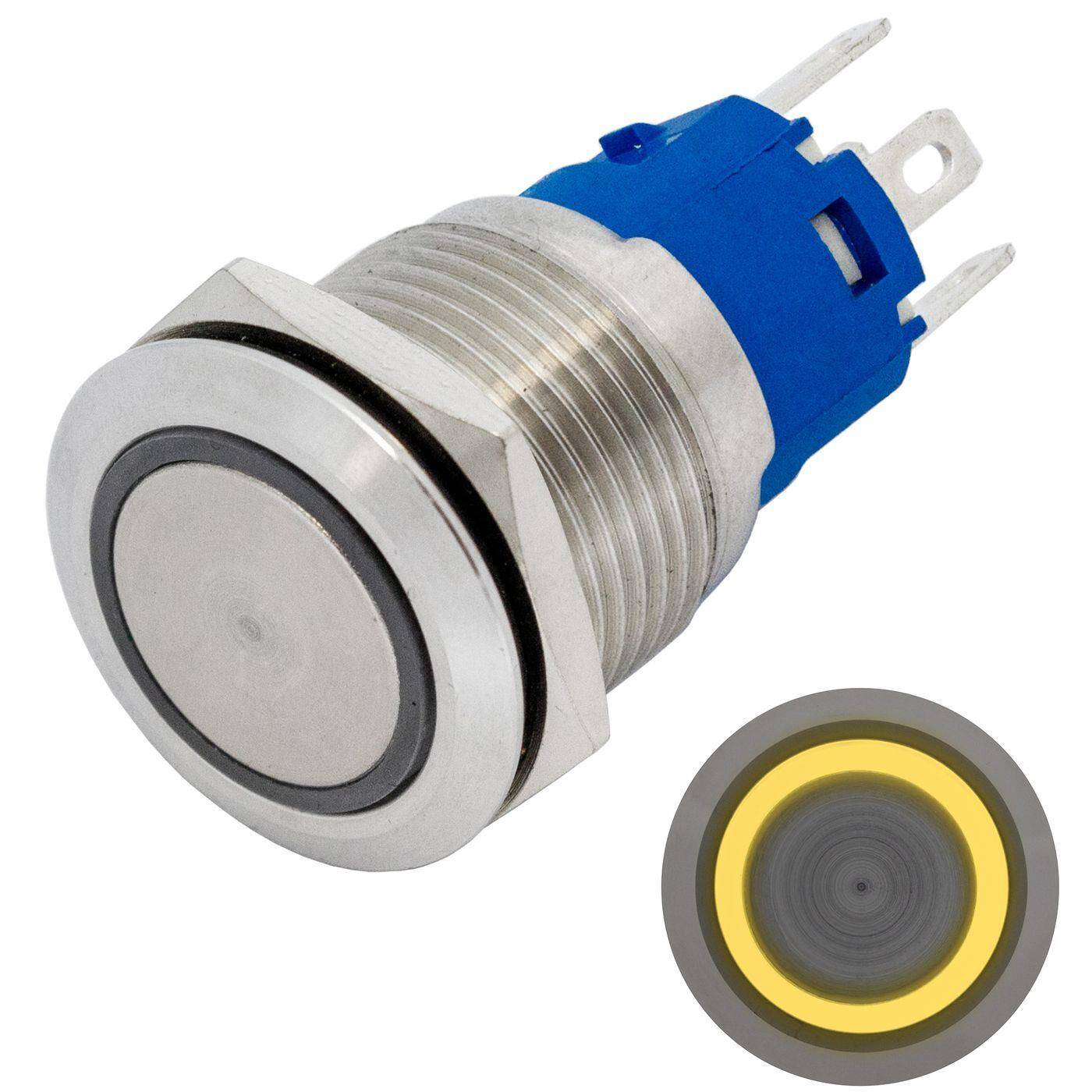 Stainless steel Pressure switch Flat Ø19mm Ring LED Yellow IP65 2,8x0,5mm Pins 250V 3A Vandal-proof Stainless steel Pressure switch Flat Ø19mm Ring LED Yellow IP65 2,8x0,5mm Pins 250V 3A Vandal-proof
