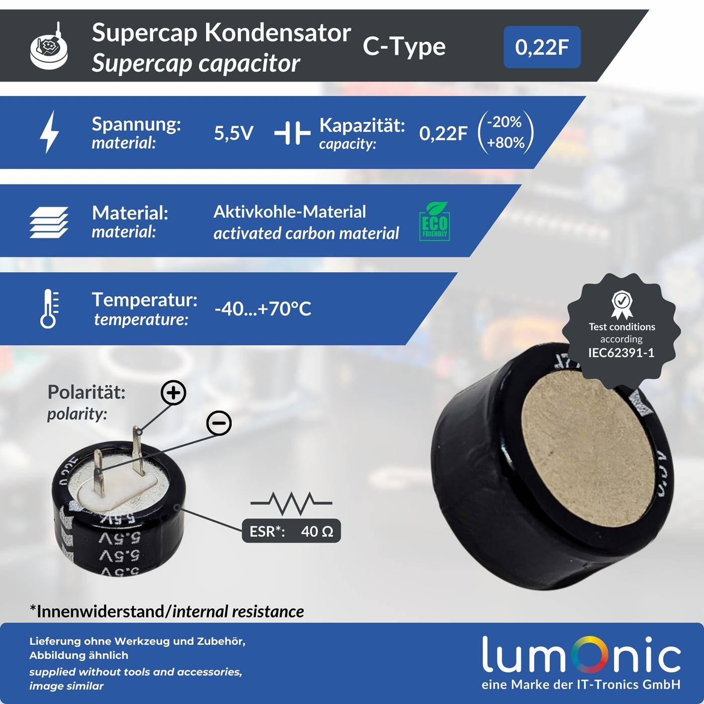 Lumonic 5x Supercap 0,22F 5,5V C-Type | EDLC for direct use, high capacity | 5.5V monoblock - no balancing necessary | Flicker protection, backup, PLC, heating