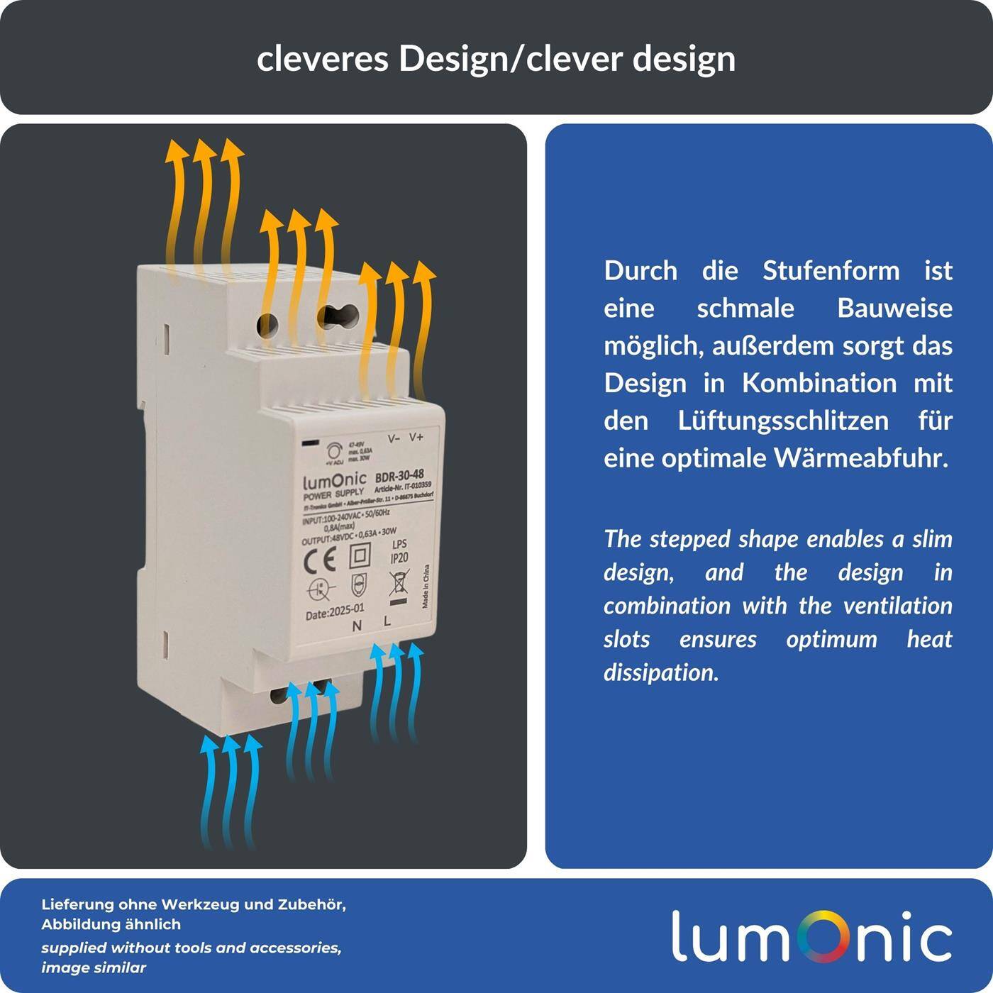 Lumonic I Netzteil Hutschiene BDR-30-48 I 48V / 30W I Input 100-240VAC I Überlastschutz & kurzschlussfest I DIN-Rail Schaltnetzteil I Schaltschrank & Verteilerkasten
