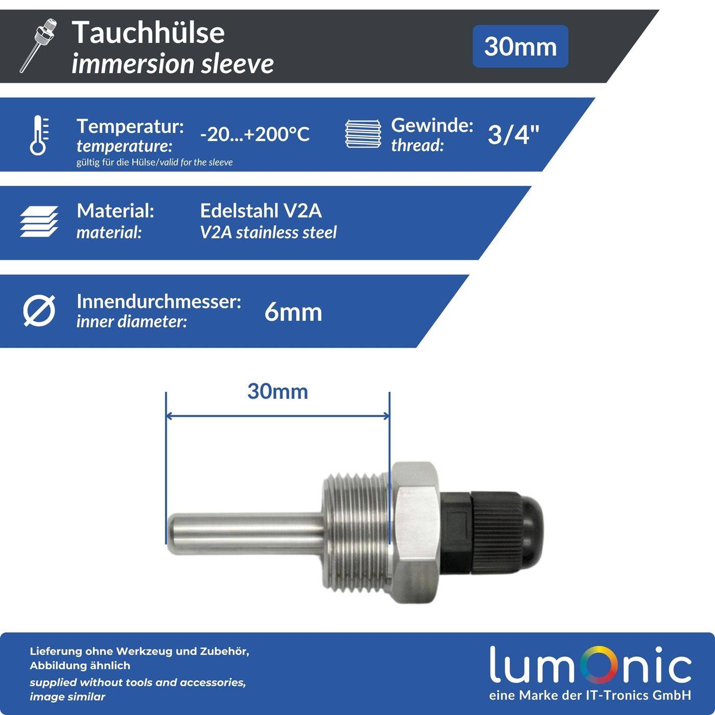 Lumonic Set of 2 immersion sleeves V2A stainless steel 3/4 inch | 30mm Installation length | Perfect fit for 6mm temperature sensors | for buffer storage, heating, solar + smart home