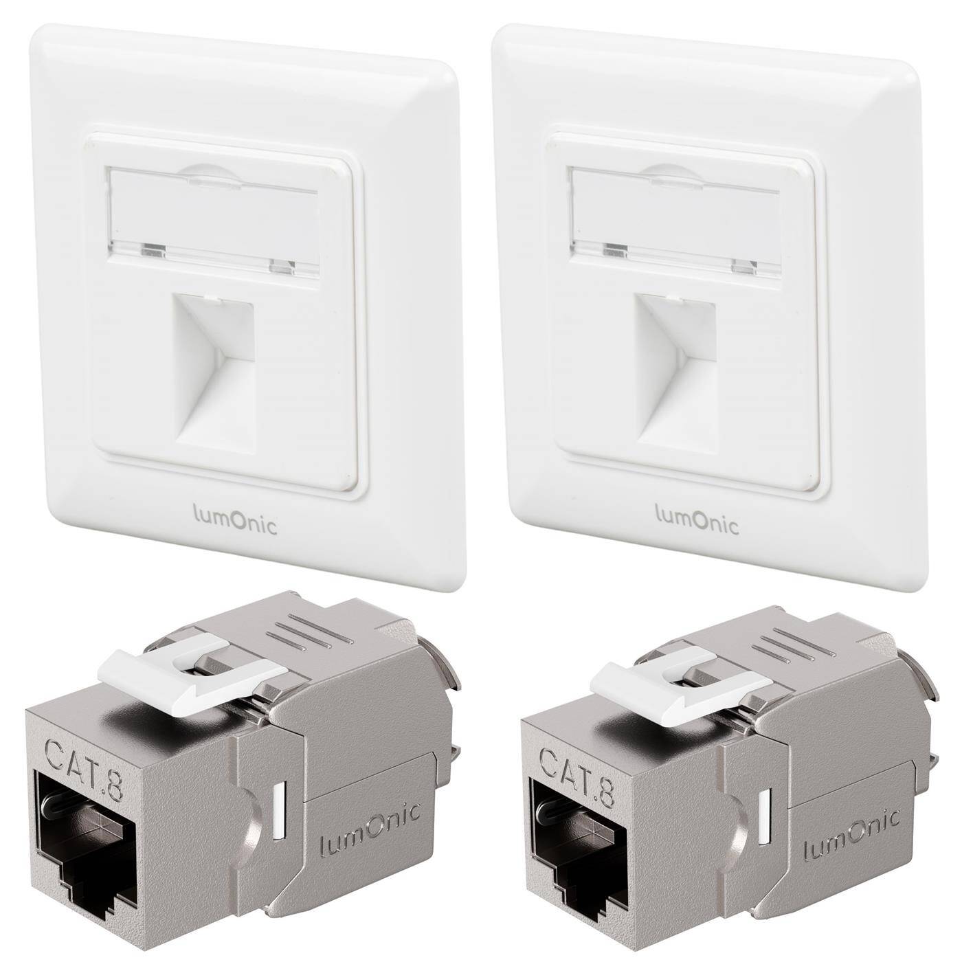 Set of 2 Keystone flush-mounted frame CAT8 module included, 1-port snap-in I tool-free assembly, Ethernet socket up to 40 Gbit for AWG22-24, RJ45 fully shielded,