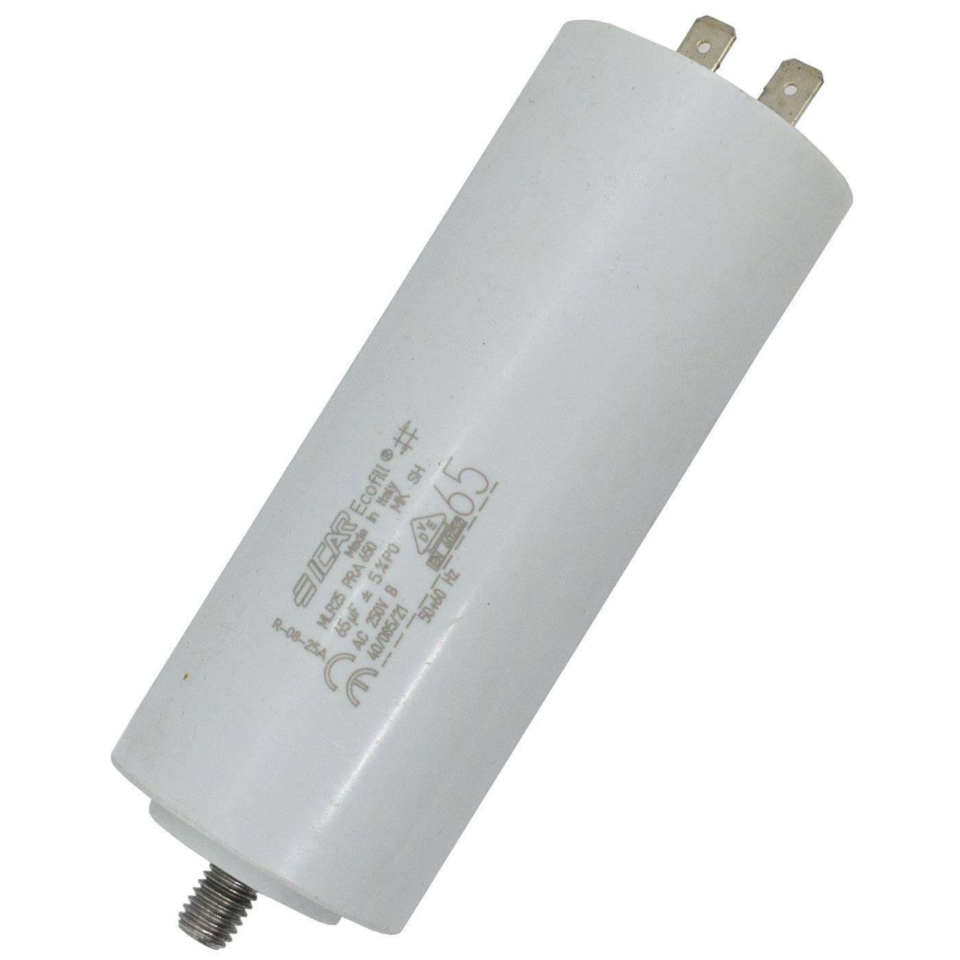 Anlaufkondensator Motorkondensator 65µF 250V 45x117mm Stecker 6,3x0,8mm ICAR 65uF