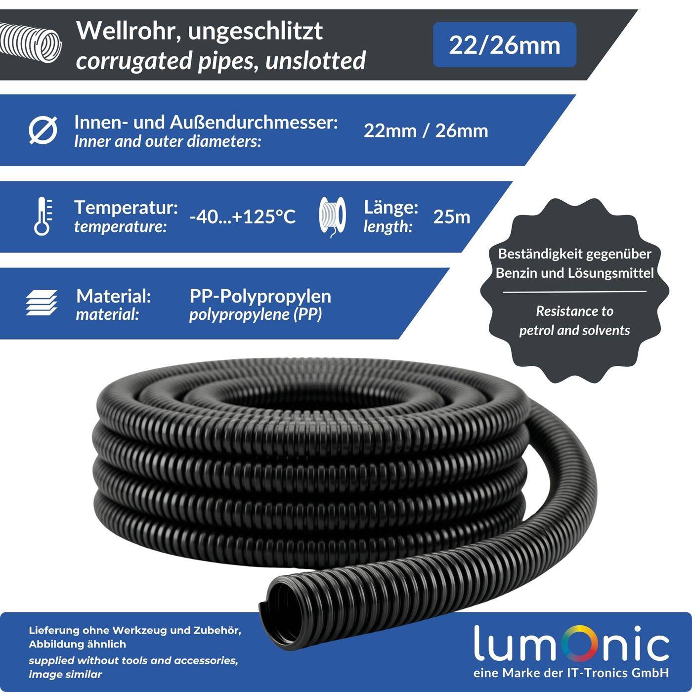 Lumonic 25m Wellrohr ungeschlitzt | Innendurchmesser 22mm | -40…+125°C | flammhemmendes Polypropylen | Leerrohr für Erdverlegung, Solar, Hausverkabelung, KFZ, Schaltschrank