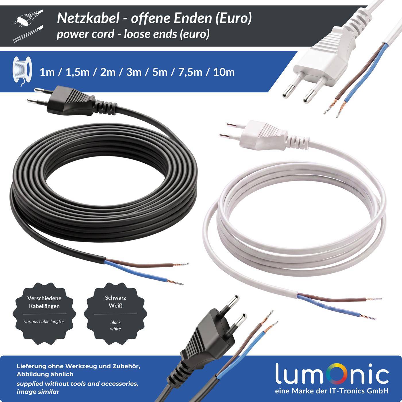 Lumonic Euro-Netzkabel mit Offenen Enden, Verzinnt, Weiß 1,5 m, 230 V - Verzinnte anschlussfertige Enden, Reparatur von Leuchten und Deko, Knickschutz am Stecker, Eurostecker für jede Steckdose