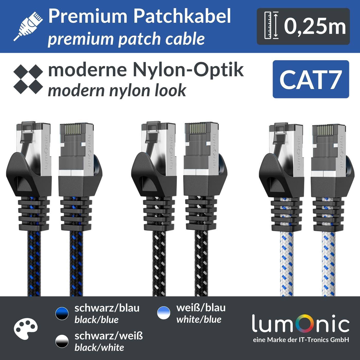 0,25m CAT7 Patchkabel S/FTP RJ45 Schwarz Weiß Premium Nylon Optik Ethernet LAN Netzwerkkabel 0,25m CAT7 Patchkabel S/FTP RJ45 Schwarz Weiß Premium Nylon Optik Ethernet LAN Netzwerkkabel