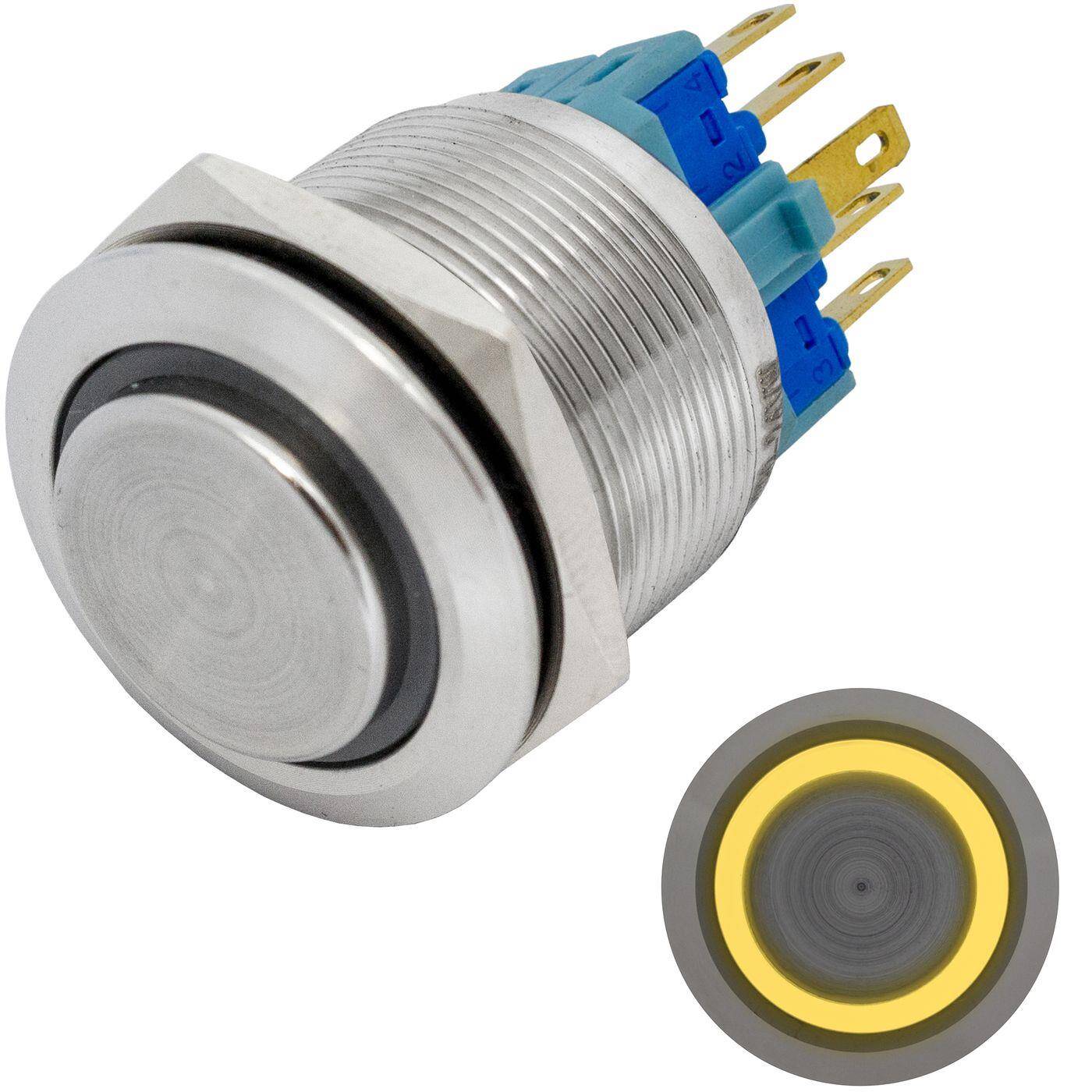 Stainless steel Pressure switch raised Ø22mm Ring LED Yellow IP65 2,8x0,5mm Pins 250V 3A Vandal-proof