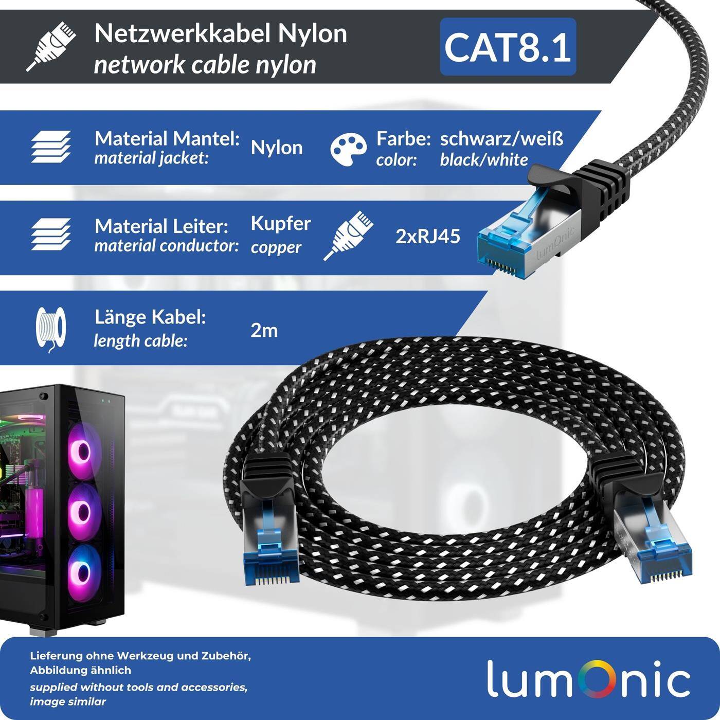 Lumonic CAT8.1 Patch Cable S/FTP 2m | RJ45 | Black White Premium nylon look | Ethernet LAN | Network cable