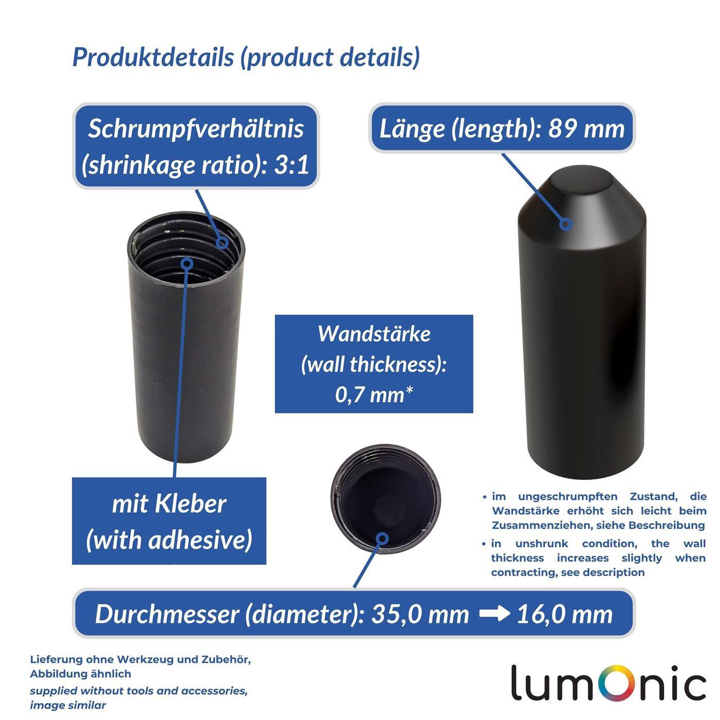 Warmschrumpf Endkappe mit Kleber 35 -> 15mm schwarz Verhältnis 3:1 vernetztes Polyolefin Schrumpfkappe für Kabel, Rohre und Seile