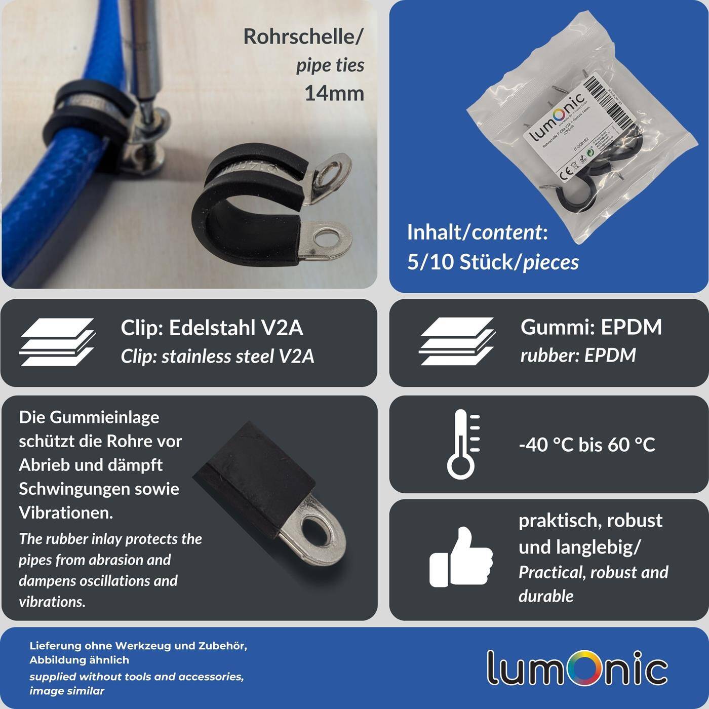 5x P-Clip Leitungsschelle Edelstahl V2A mit Gummi 14mm Rohrschelle Befestigungsschelle