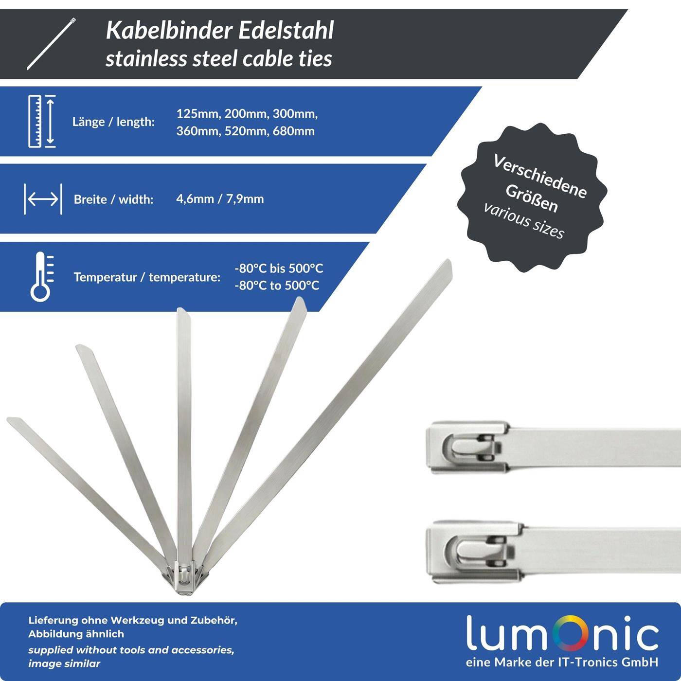 Lumonic Kabelbinder Edelstahl | 300 × 4,6mm | extra stark, bis 46kg Zugfestigkeit | bis 500°C, UV-Beständig & Wetterfest | Kabelbinder Metall für Outdoor, Solar, Auspuff & Zaun