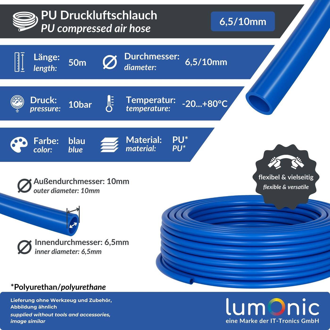 Lumonic I 50m Compressed air hose PU I 6,5/10mm I flexible, abrasion-resistant I Mechanical engineering, Pneumatic systems, Workshop I PU hose Polyurethane