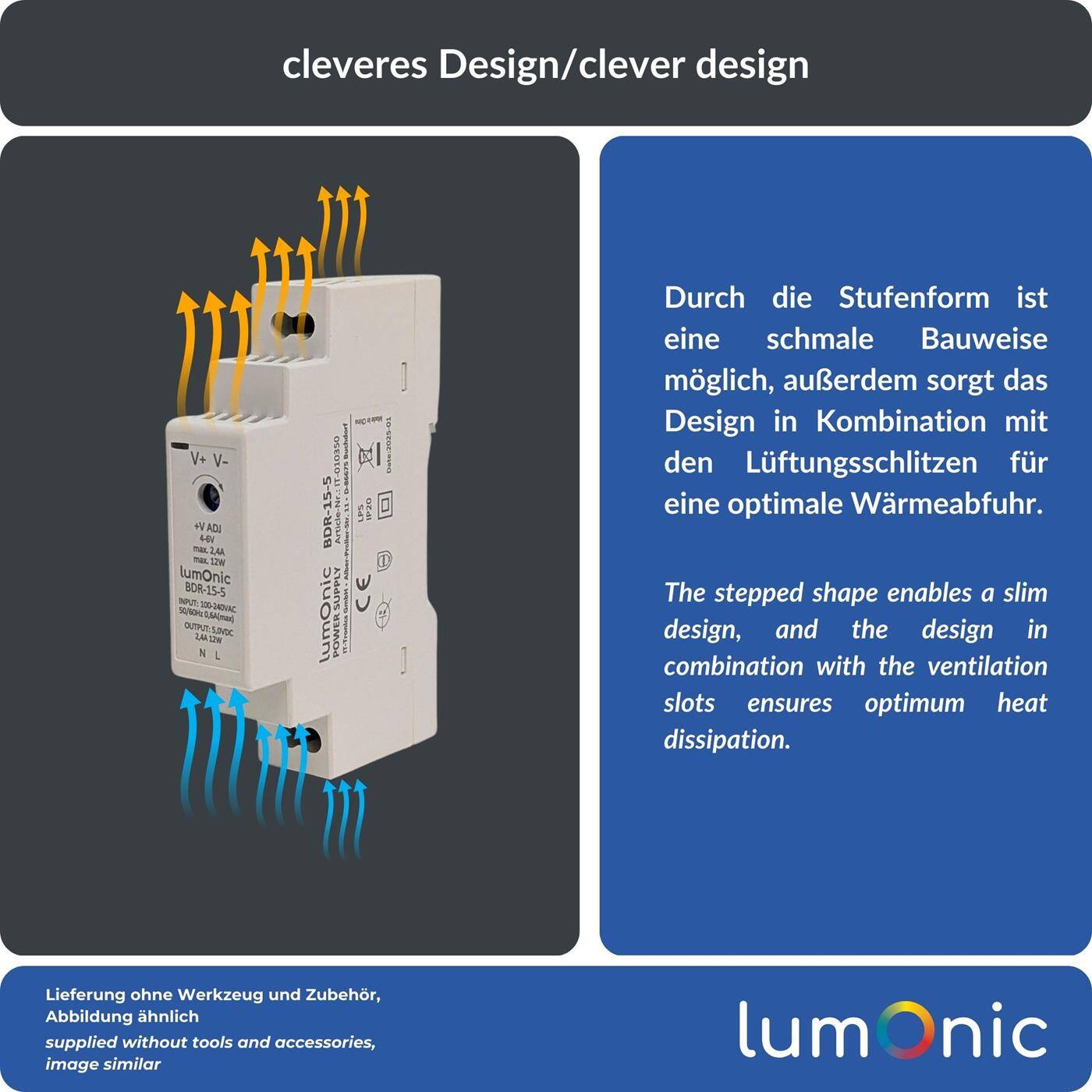 Lumonic I Netzteil Hutschiene BDR-15-5 I 5V / 12W I Input 100-240VAC I Überlastschutz & kurzschlussfest I DIN-Rail Schaltnetzteil I Schaltschrank & Verteilerkasten