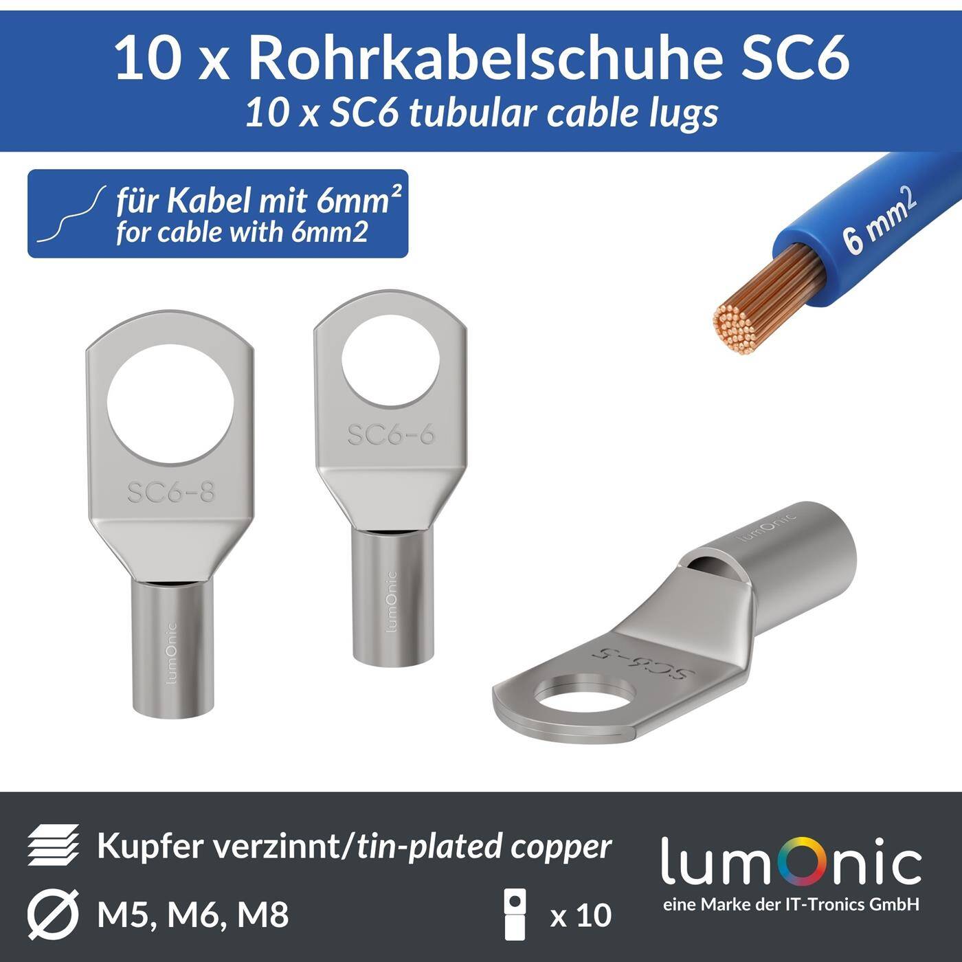 Lumonic 10x Rohrkabelschuh 6mm² blank | M5 | Kupfer verzinnt | Kabelverbindung ohne Löten | SC6-5, Set mit 10 Stück Crimp-Kabelschuh, Quetschverbinder | KFZ, Maschinenbau, Wohnmobil, Batterie